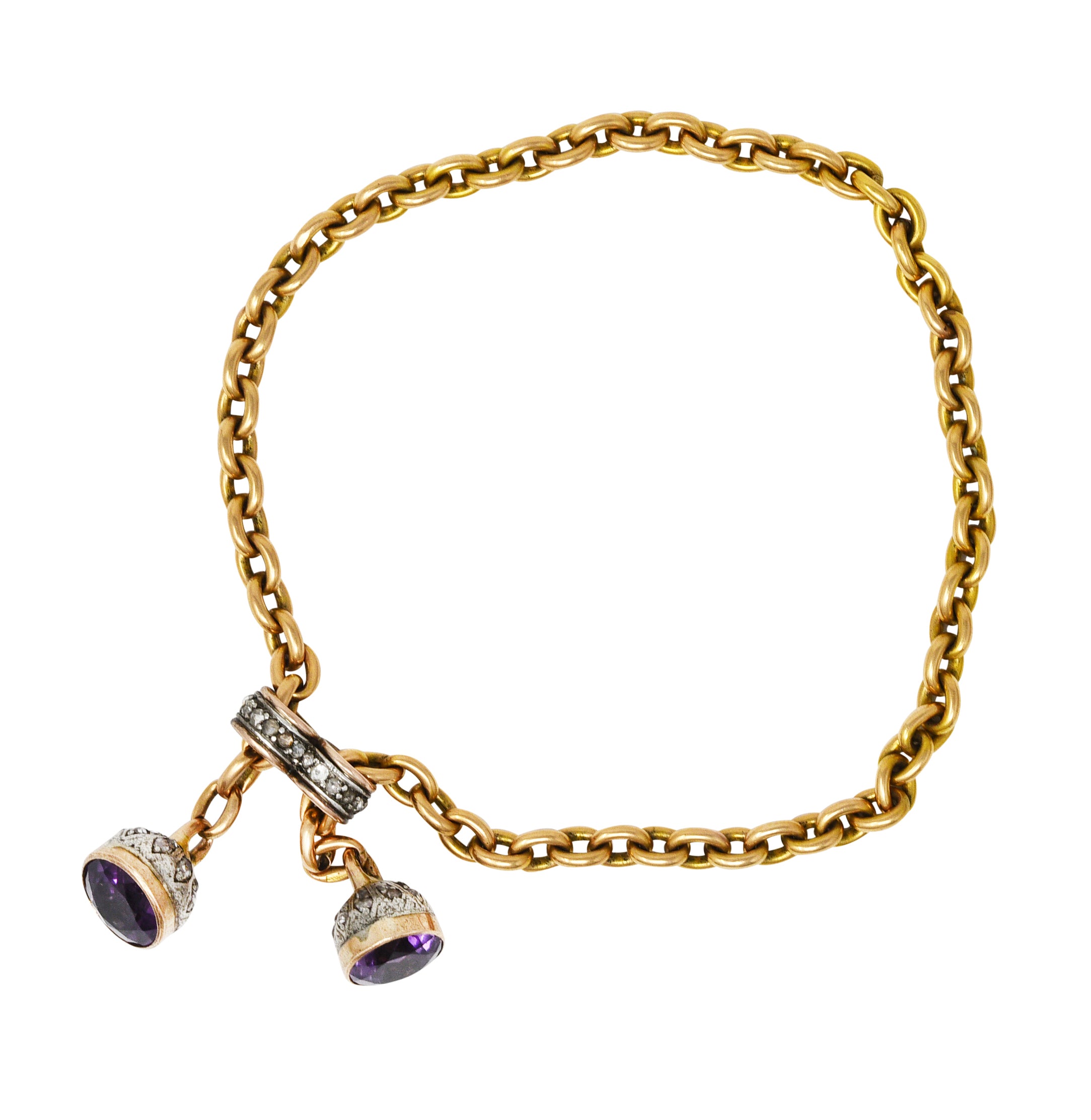 French Georgian Amethyst Diamond Silver-Topped 18 Karat Yellow Gold Slide Lariat Antique Chain Bracelet Wilson's Estate Jewelry