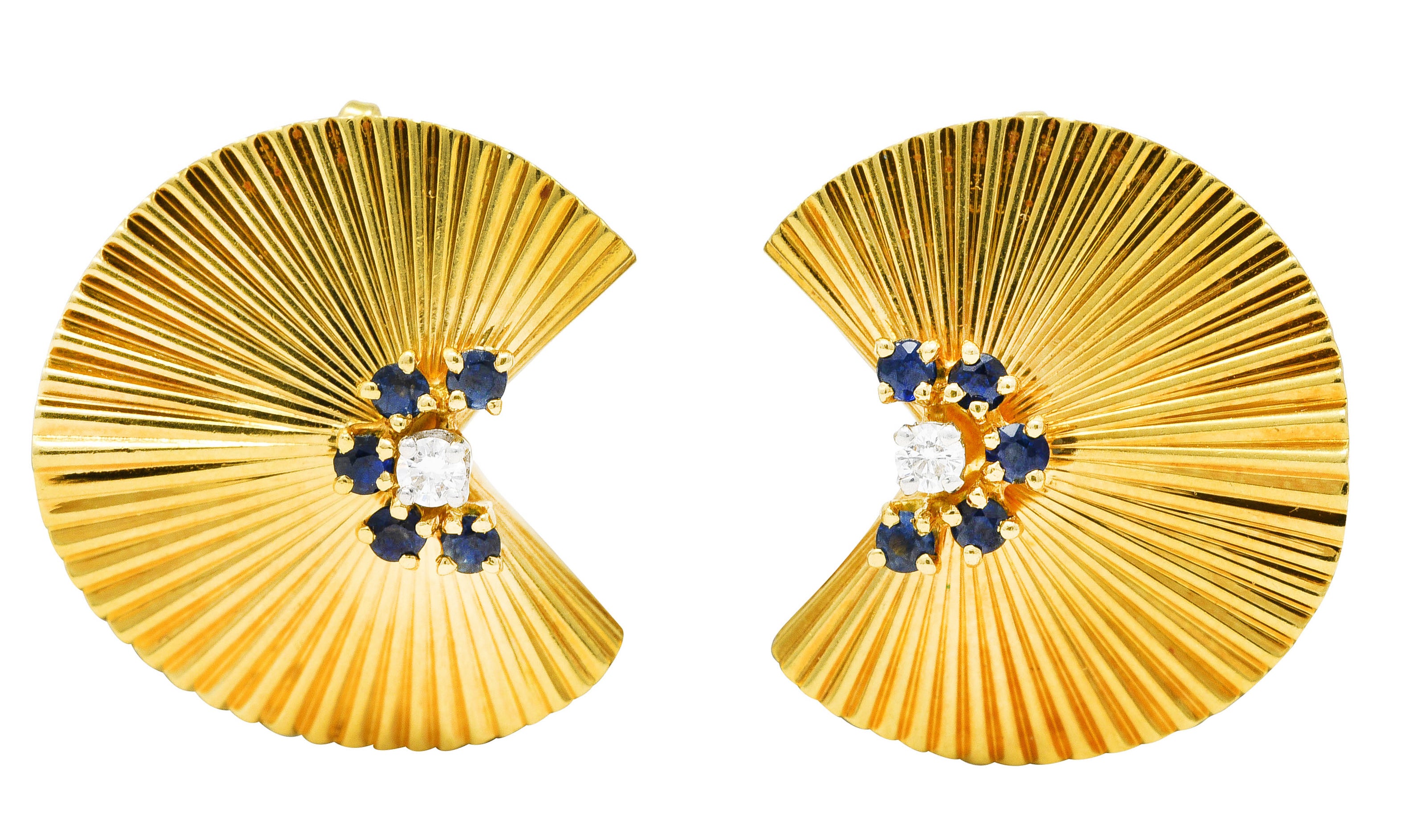 1950's McTeigue Diamond Sapphire 18 Karat Two-Tone Gold Vintage Ear-Clip Earrings Wilson's Estate Jewelry