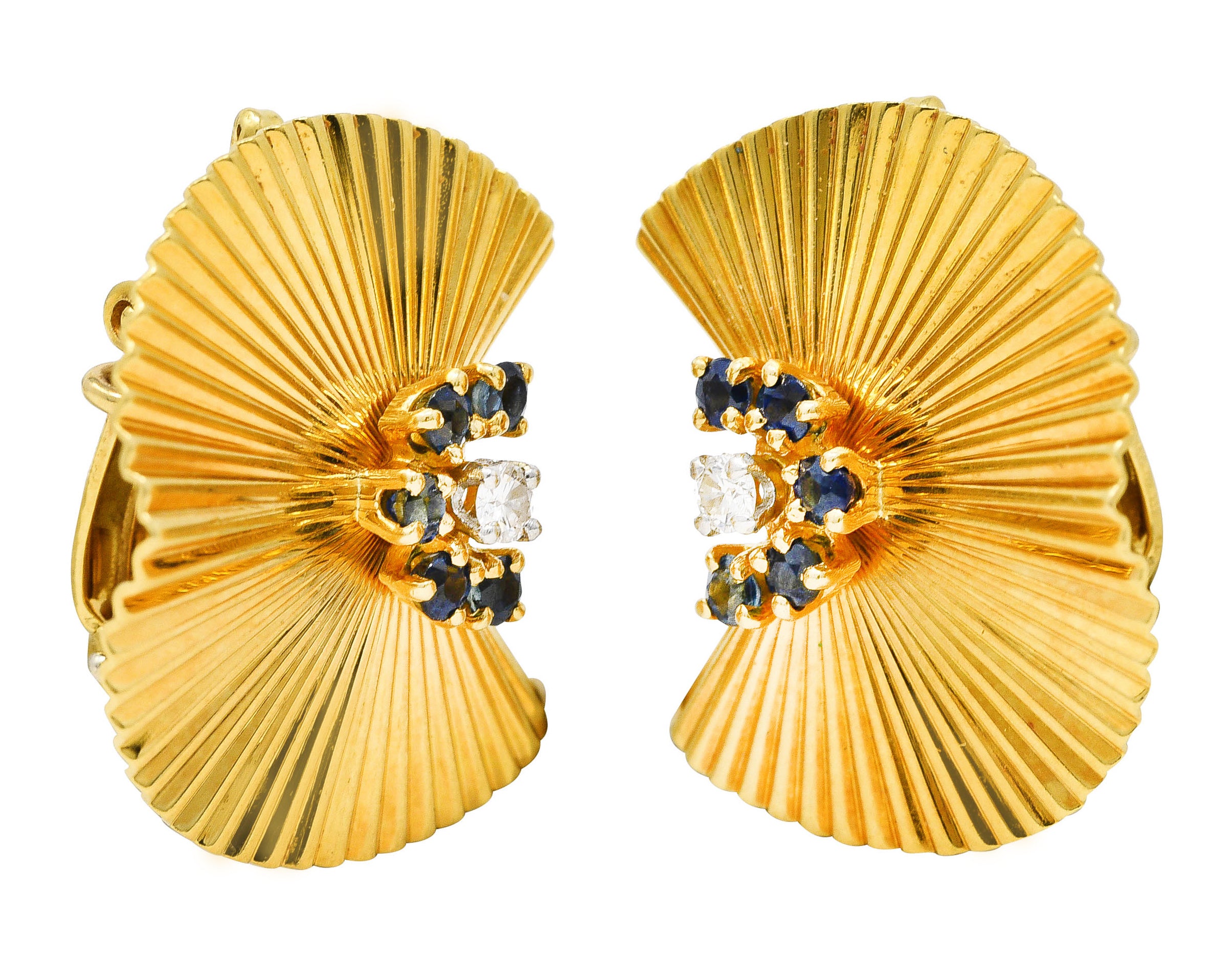 1950's McTeigue Diamond Sapphire 18 Karat Two-Tone Gold Vintage Ear-Clip Earrings Wilson's Estate Jewelry