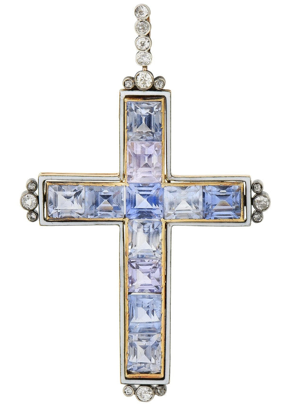 Victorian 20.87 CTW Sapphire Diamond Enamel Silver 14 Karat Gold Cross Pendant