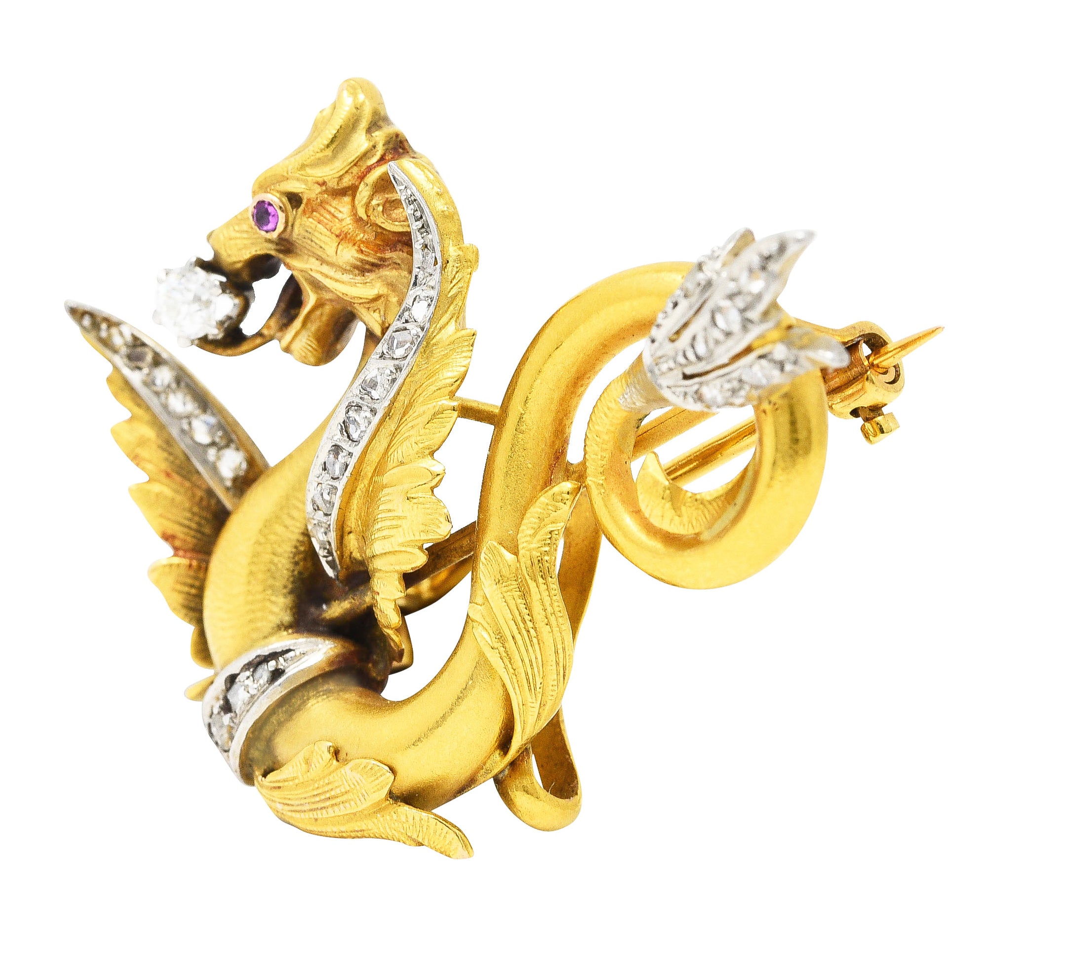 .11111 Art Nouveau Diamond Ruby Platinum-Topped 14 Karat Yellow Gold Scrolling Dragon Antique Pendant Brooch Wilson's Estate Jewelry