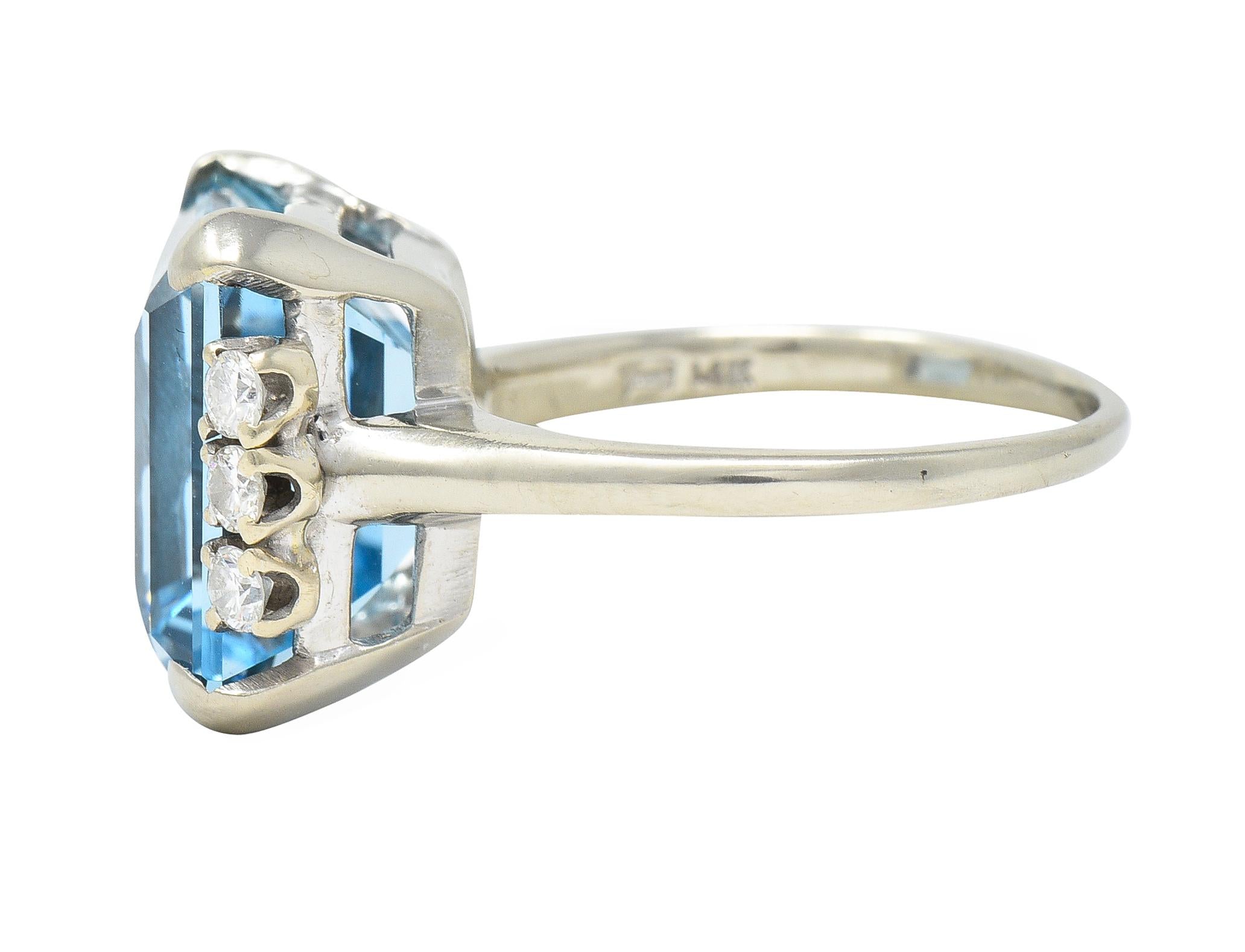 Mid-Century 9.41 CTW Aquamarine Diamond 14 Karat Gold Vintage Cocktail Ring