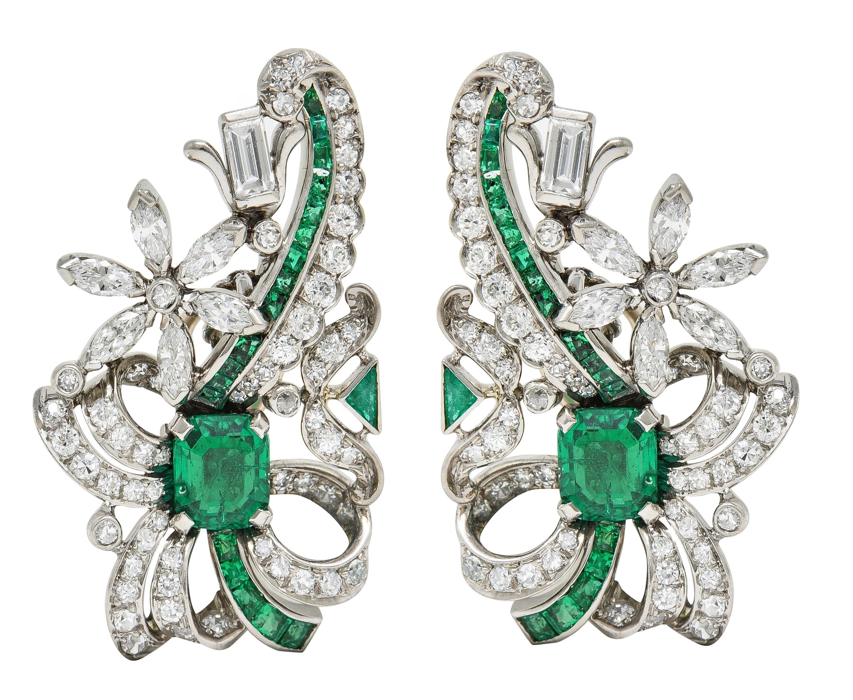 Mid-Century 4.54 Carat Emerald Diamond 14 Karat White Gold Vintage Earrings