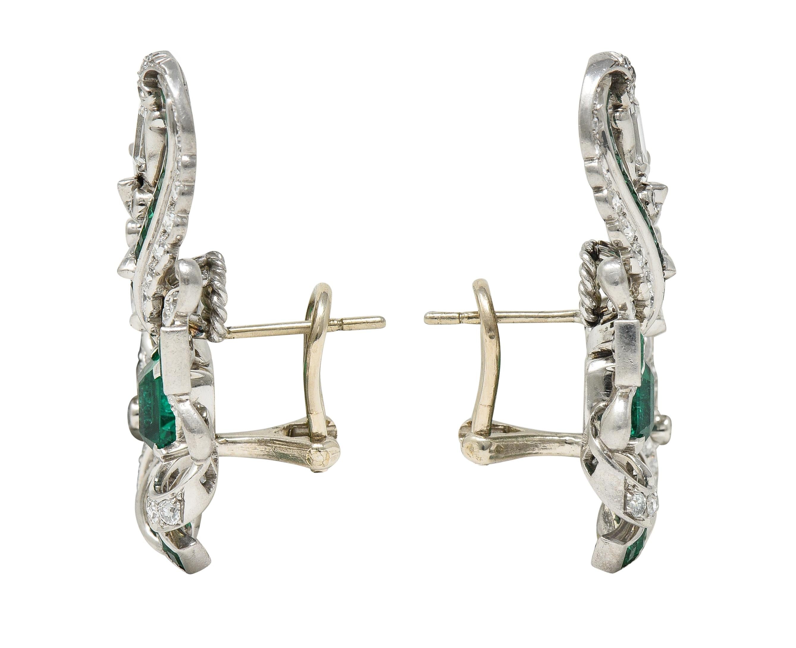 Mid-Century 4.54 Carat Emerald Diamond 14 Karat White Gold Vintage Earrings