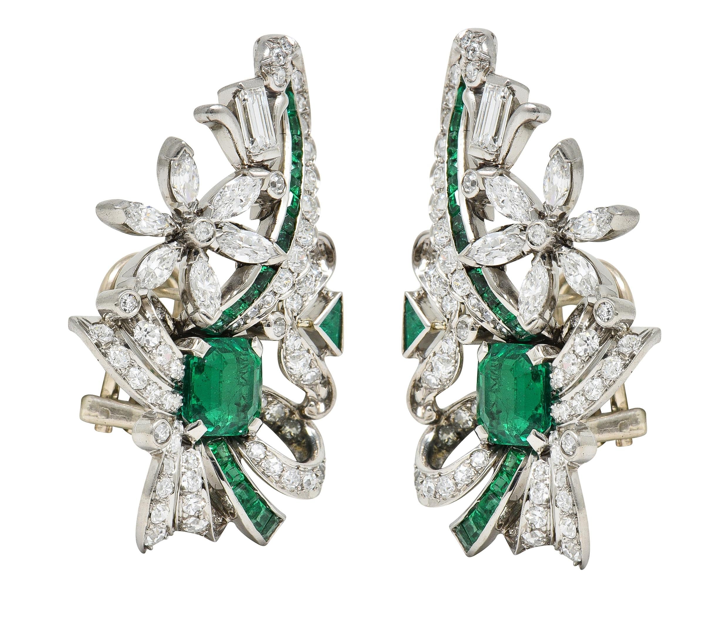 Mid-Century 4.54 Carat Emerald Diamond 14 Karat White Gold Vintage Earrings