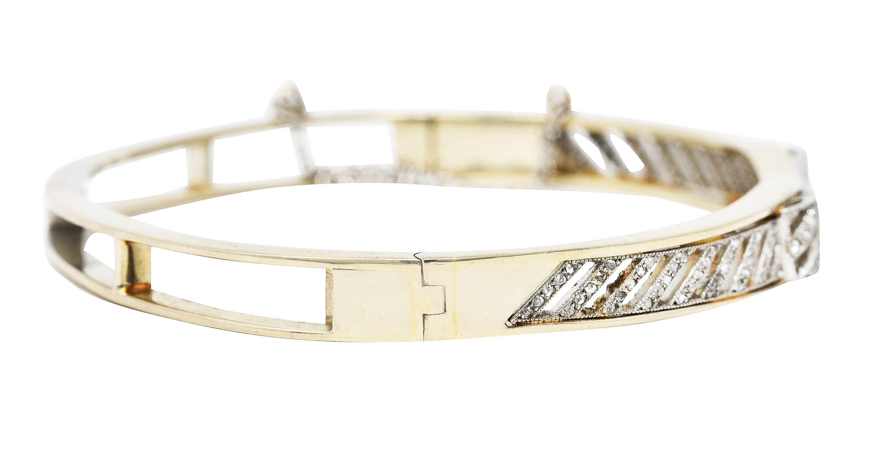 Edwardian 1.04 CTW French Cut Diamond Platinum-Topped 14 Karat Yellow Gold Bow Antique Bangle Bracelet Wilson's Estate Jewelry