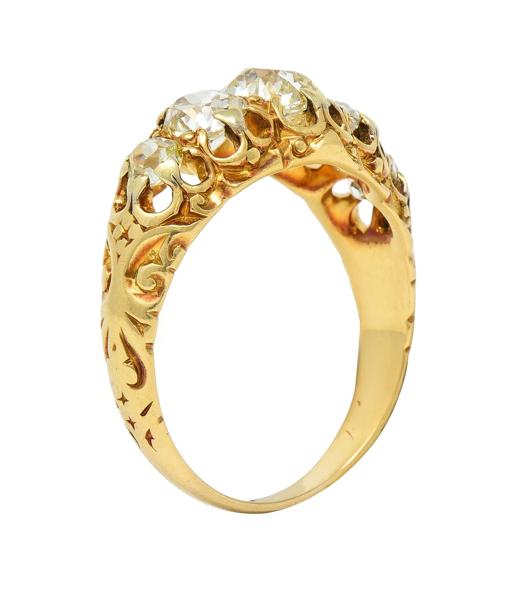 Victorian 1.98 CTW Old Mine Cut Diamond 14 Karat Gold Five Stone Band Ring