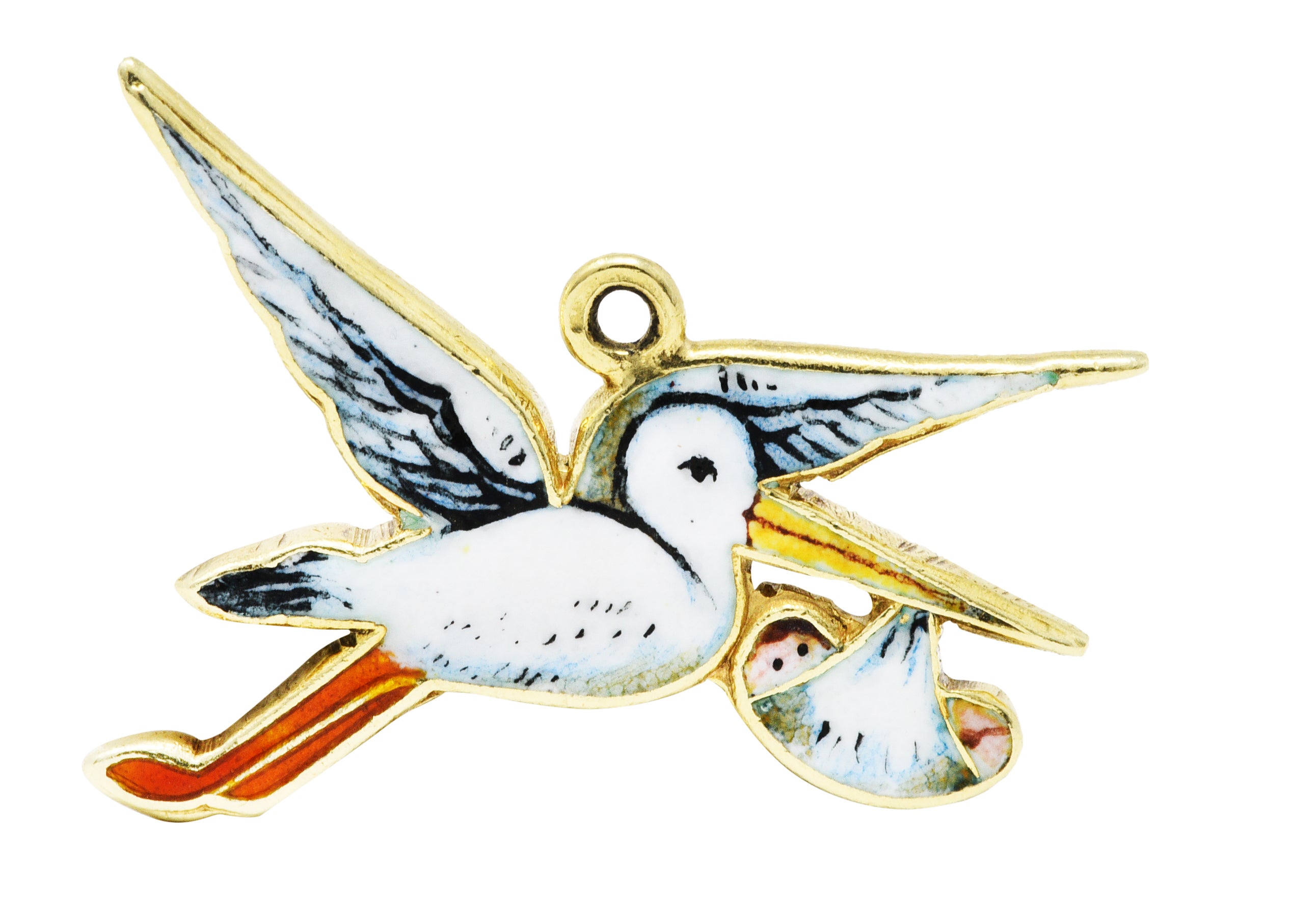 Retro Enamel 14 Karat Gold Stork Delivery Charmcharm - Wilson's Estate Jewelry