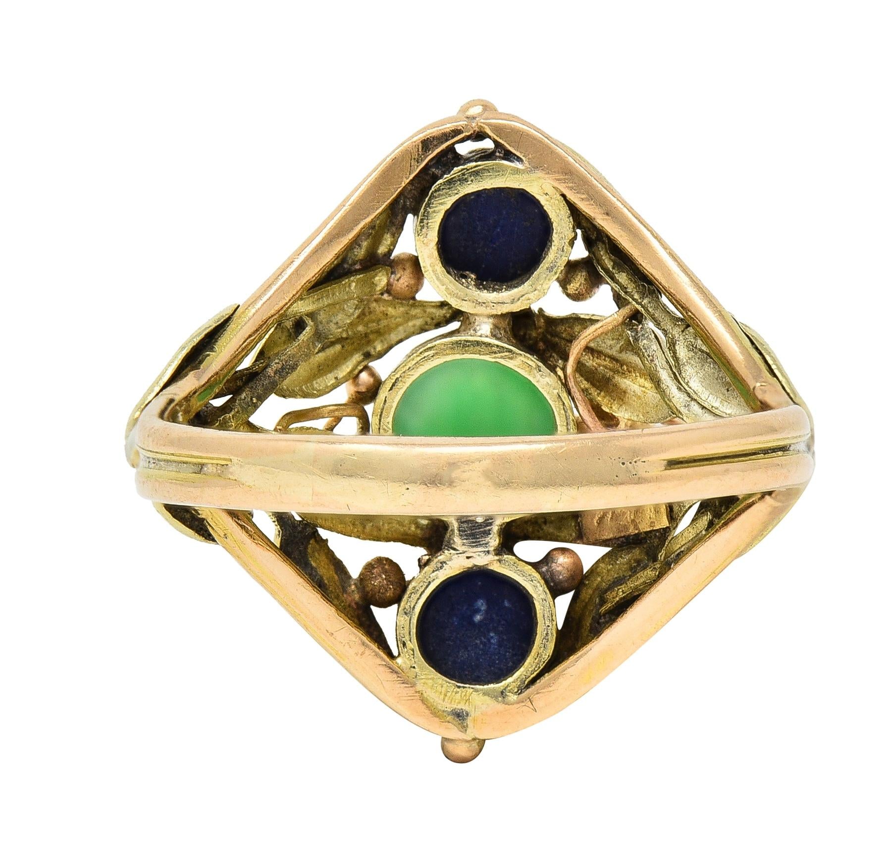 Arts & Crafts Jade Lapis Lazuli 14 Karat Two-Tone Gold Foliate Navette Ring