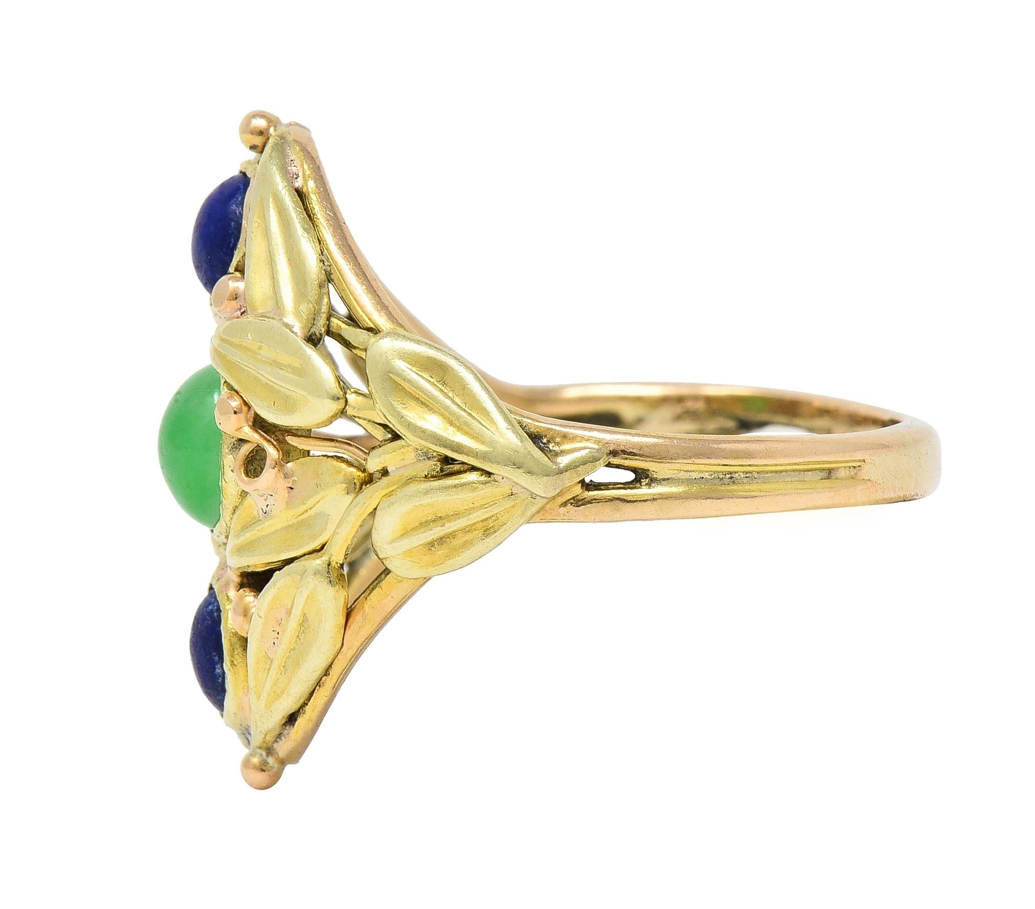 Arts & Crafts Jade Lapis Lazuli 14 Karat Two-Tone Gold Foliate Navette Ring