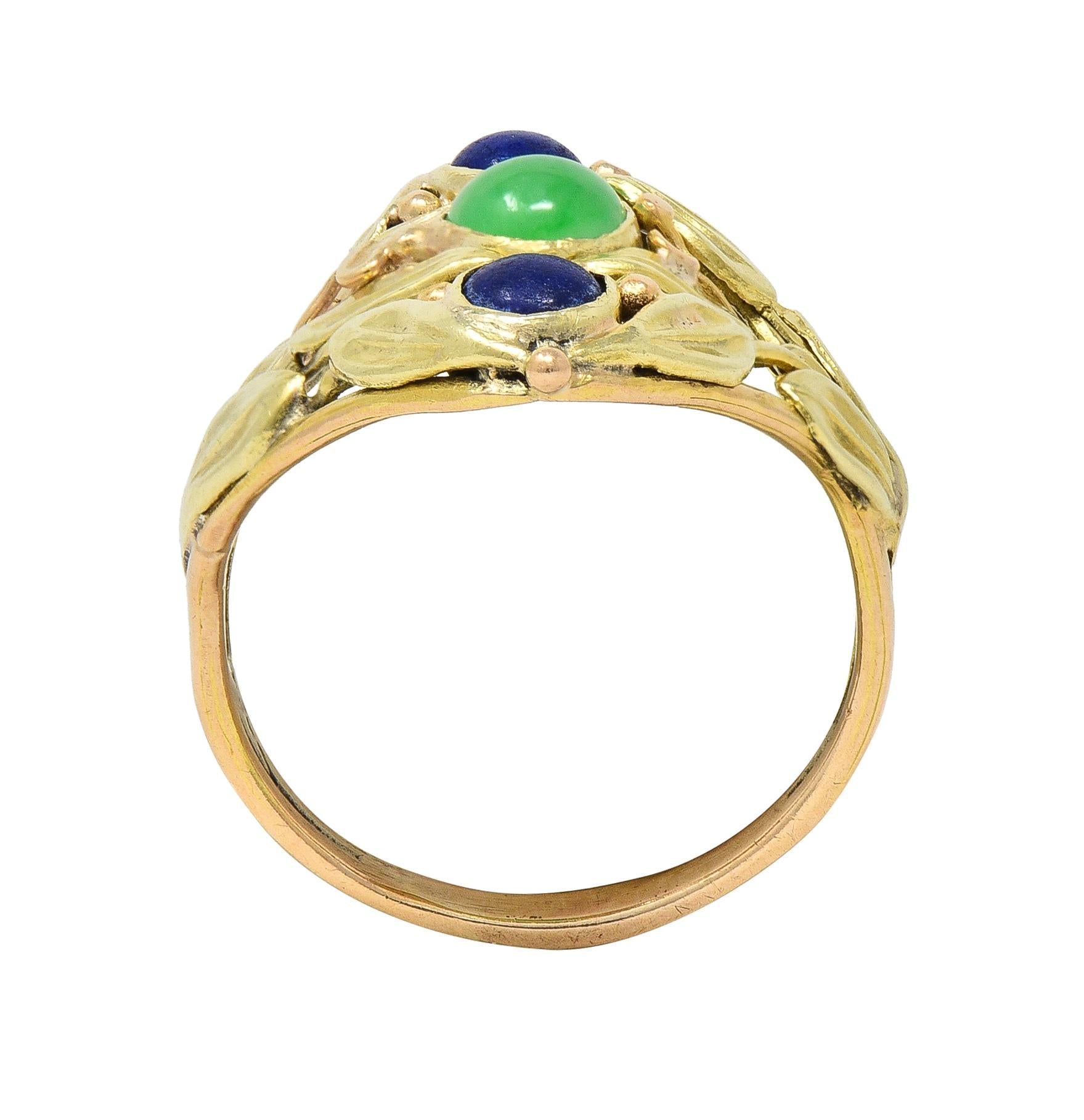 Arts & Crafts Jade Lapis Lazuli 14 Karat Two-Tone Gold Foliate Navette Ring