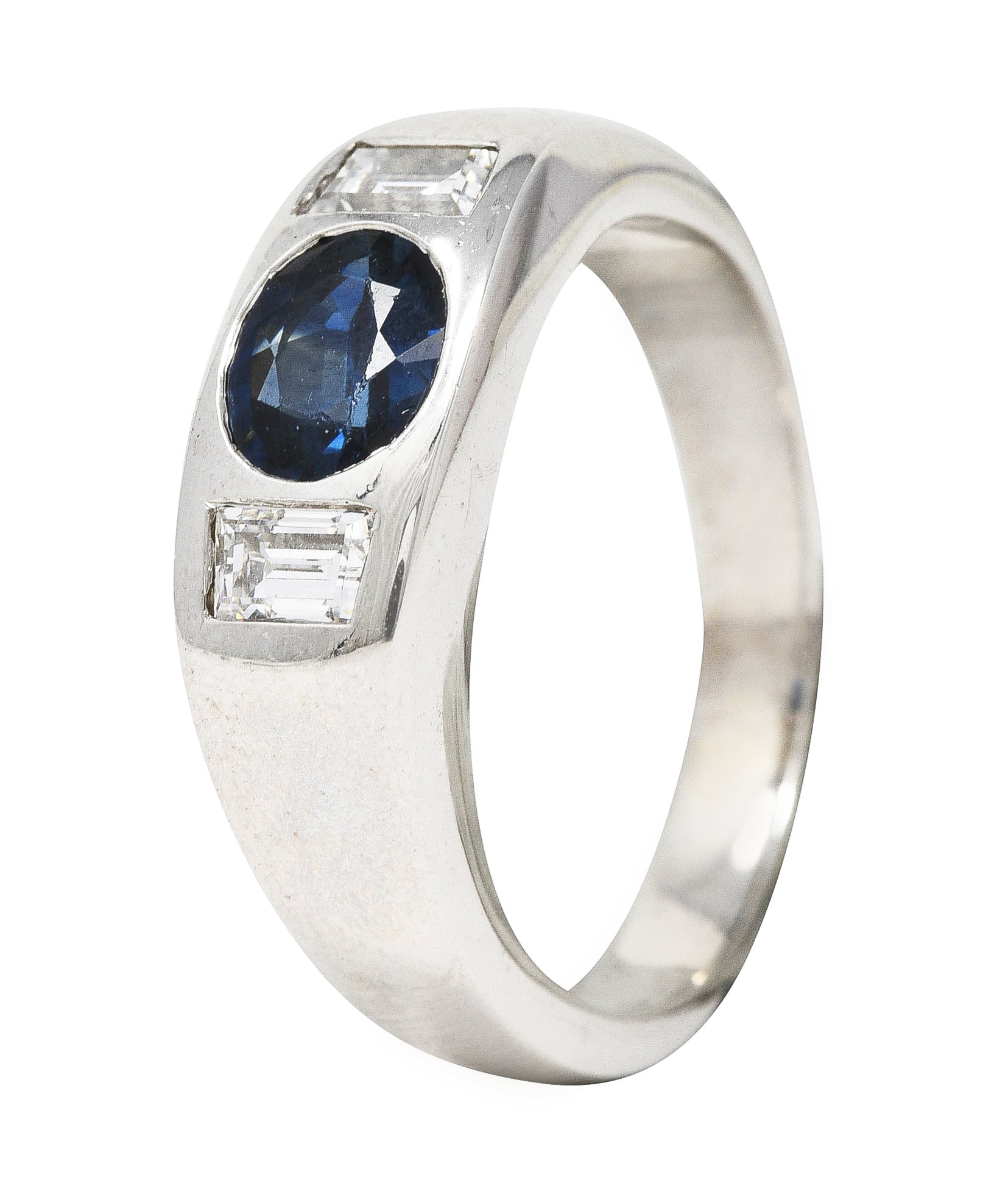 Contemporary 1.50 CTW Sapphire Diamond 18 Karat White Gold Men's Gypsy Ring Wilson's Estate Jewelry