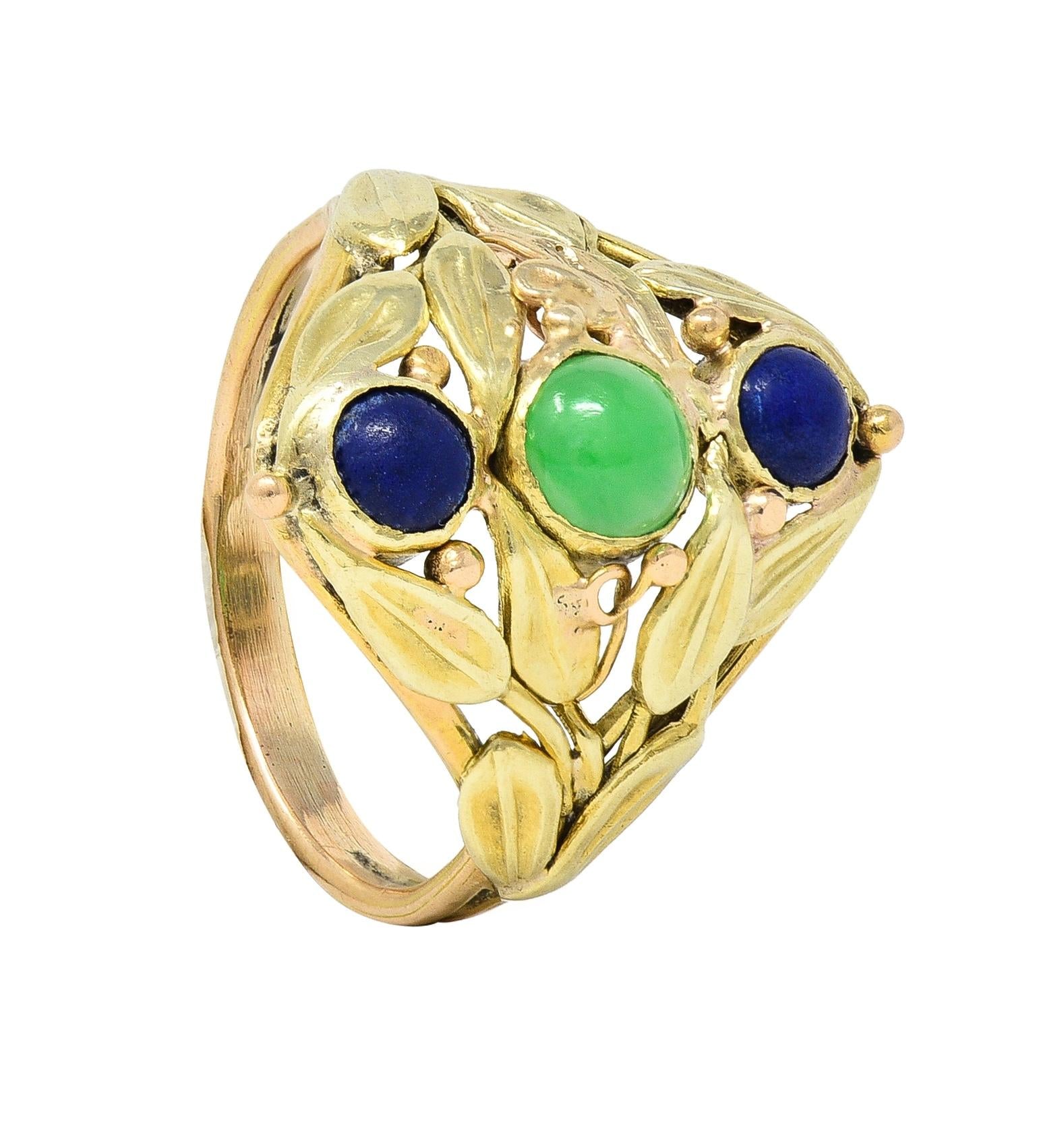 Arts & Crafts Jade Lapis Lazuli 14 Karat Two-Tone Gold Foliate Navette Ring