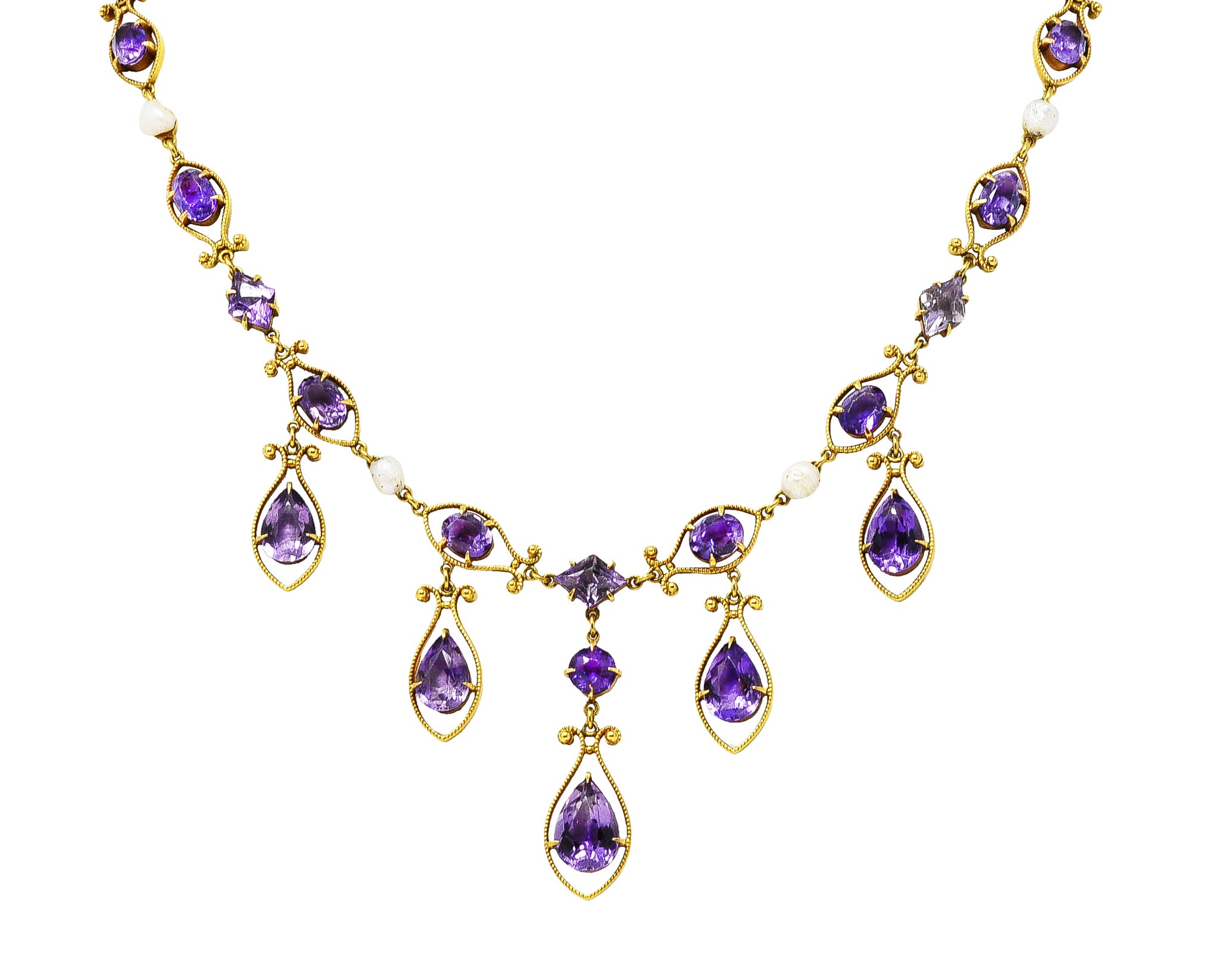 Victorian Amethyst Tourmaline Pearl 14 Karat Yellow Gold Filigree Drop NecklaceNecklace - Wilson's Estate Jewelry