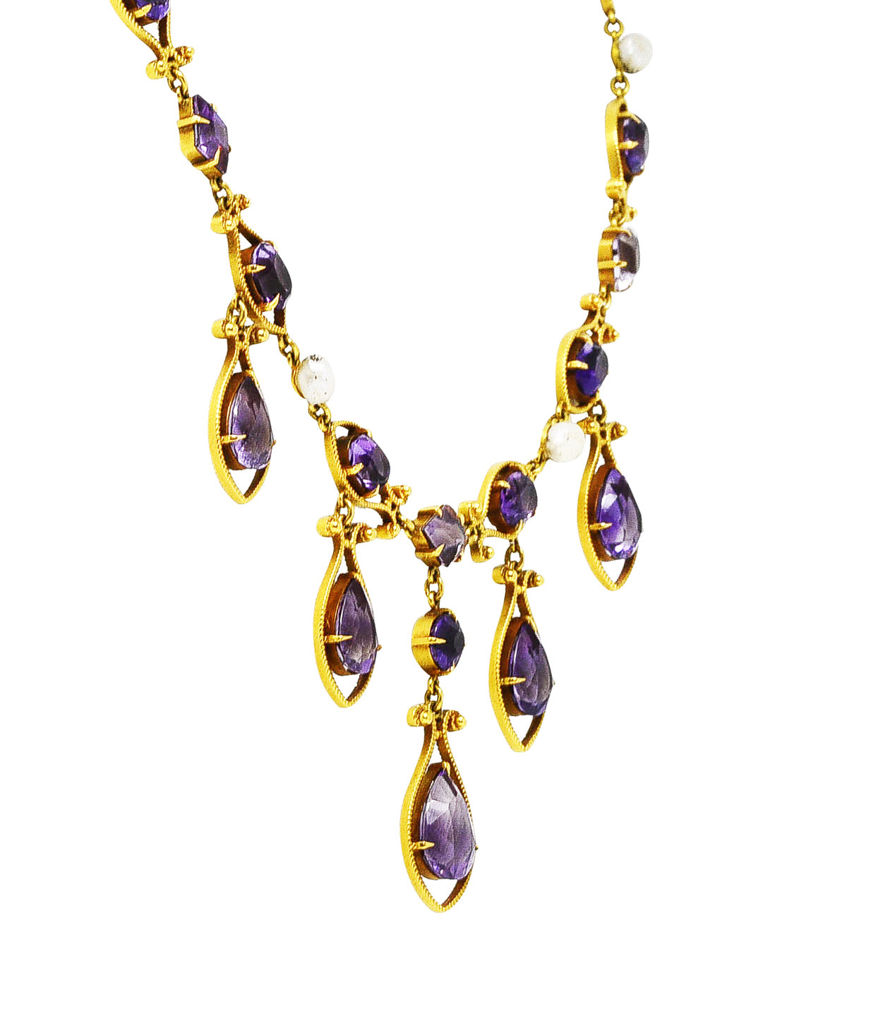 Victorian Amethyst Tourmaline Pearl 14 Karat Yellow Gold Filigree Drop NecklaceNecklace - Wilson's Estate Jewelry