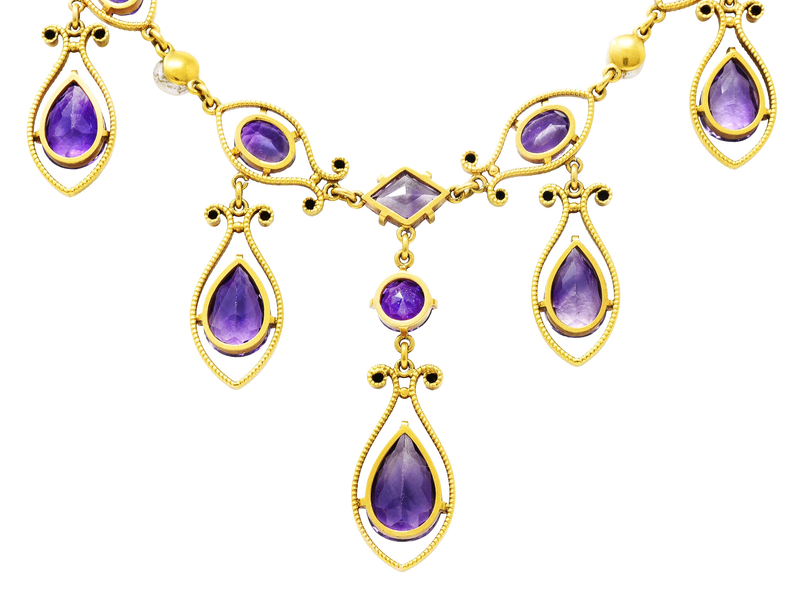 Victorian Amethyst Tourmaline Pearl 14 Karat Yellow Gold Filigree Drop NecklaceNecklace - Wilson's Estate Jewelry