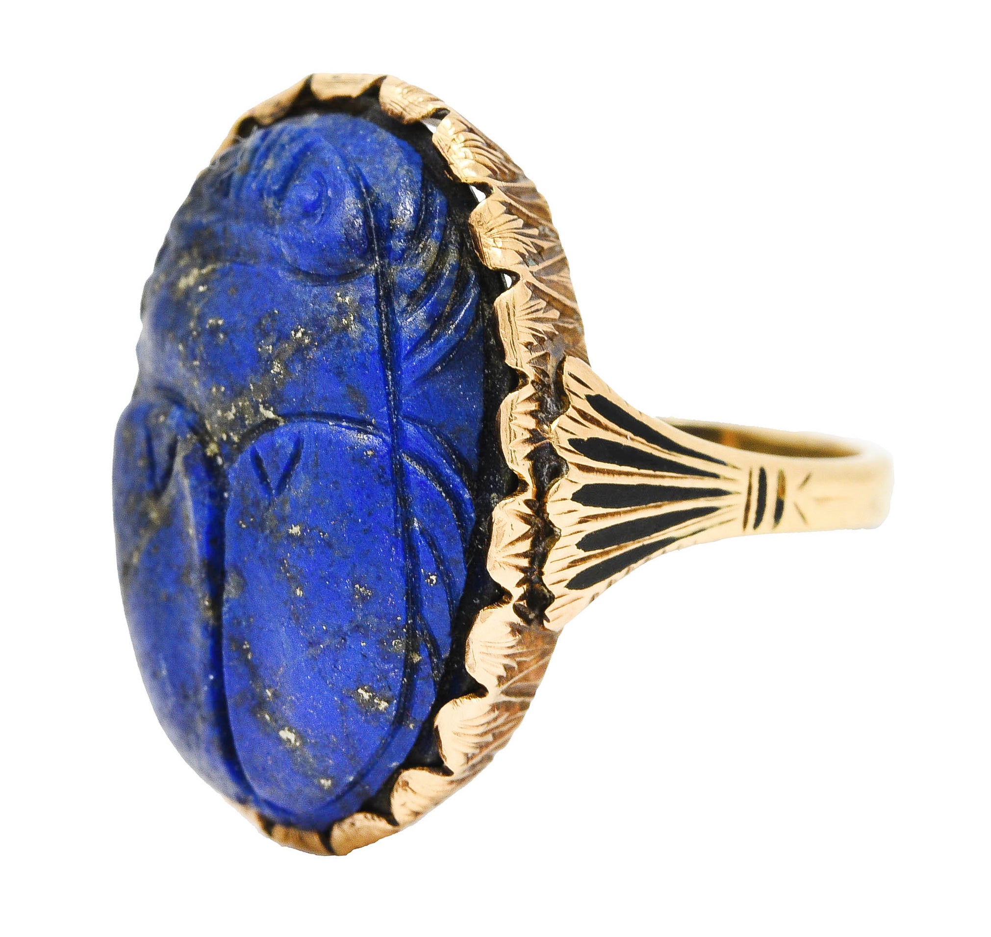 Vintage Etruscan Revival Lapis Lazuli 14 Karat Yellow Gold Scarab Antique Ring Wilson's Estate Jewelry