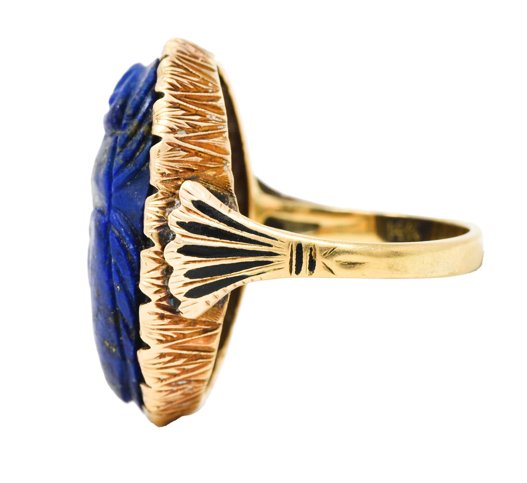 Vintage Etruscan Revival Lapis Lazuli 14 Karat Yellow Gold Scarab Antique Ring Wilson's Estate Jewelry