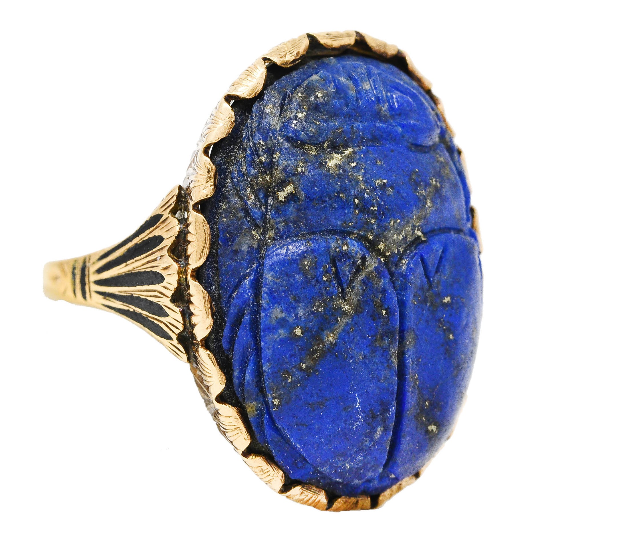 Vintage Etruscan Revival Lapis Lazuli 14 Karat Yellow Gold Scarab Antique Ring Wilson's Estate Jewelry