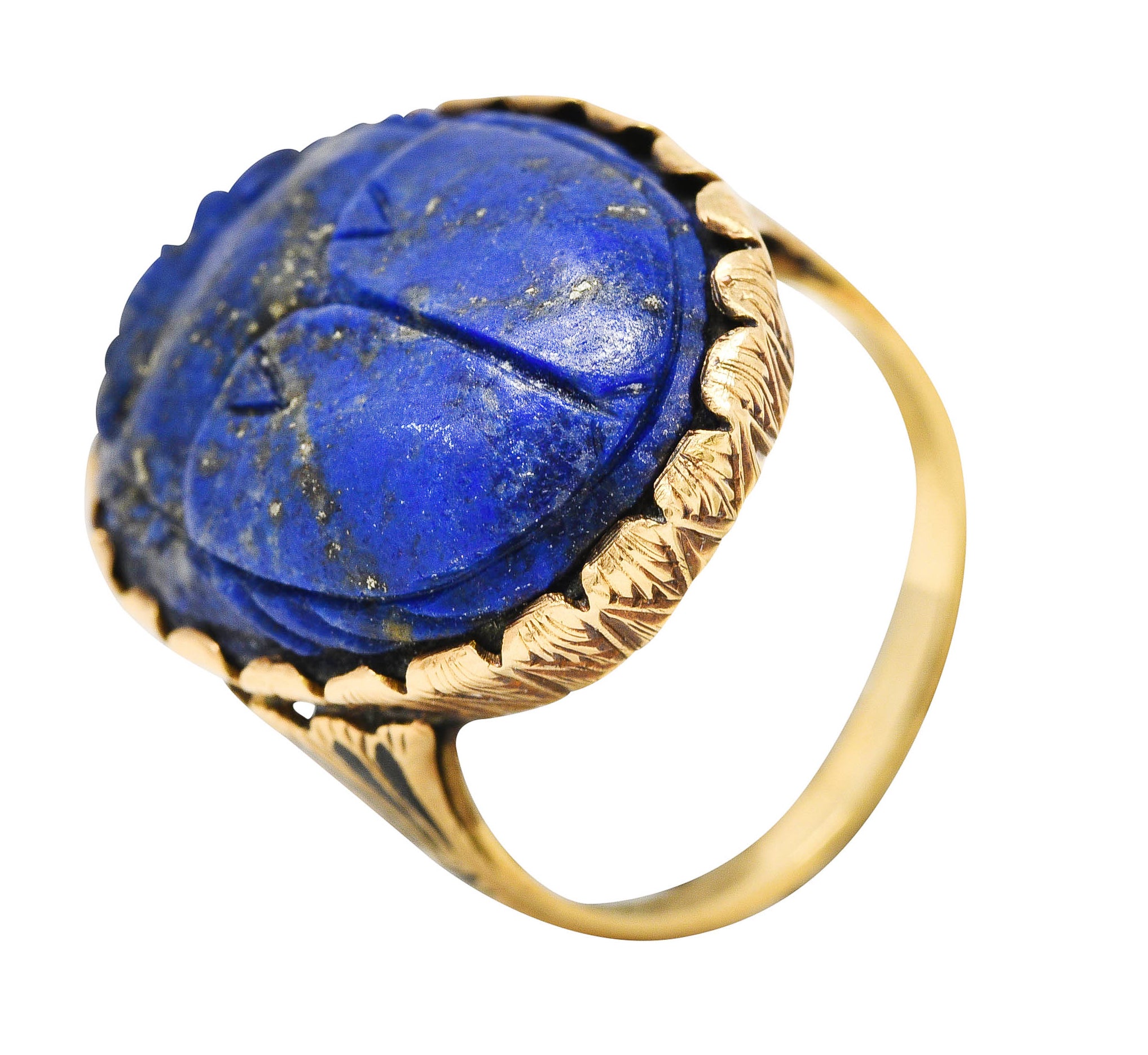 Vintage Etruscan Revival Lapis Lazuli 14 Karat Yellow Gold Scarab Antique Ring Wilson's Estate Jewelry