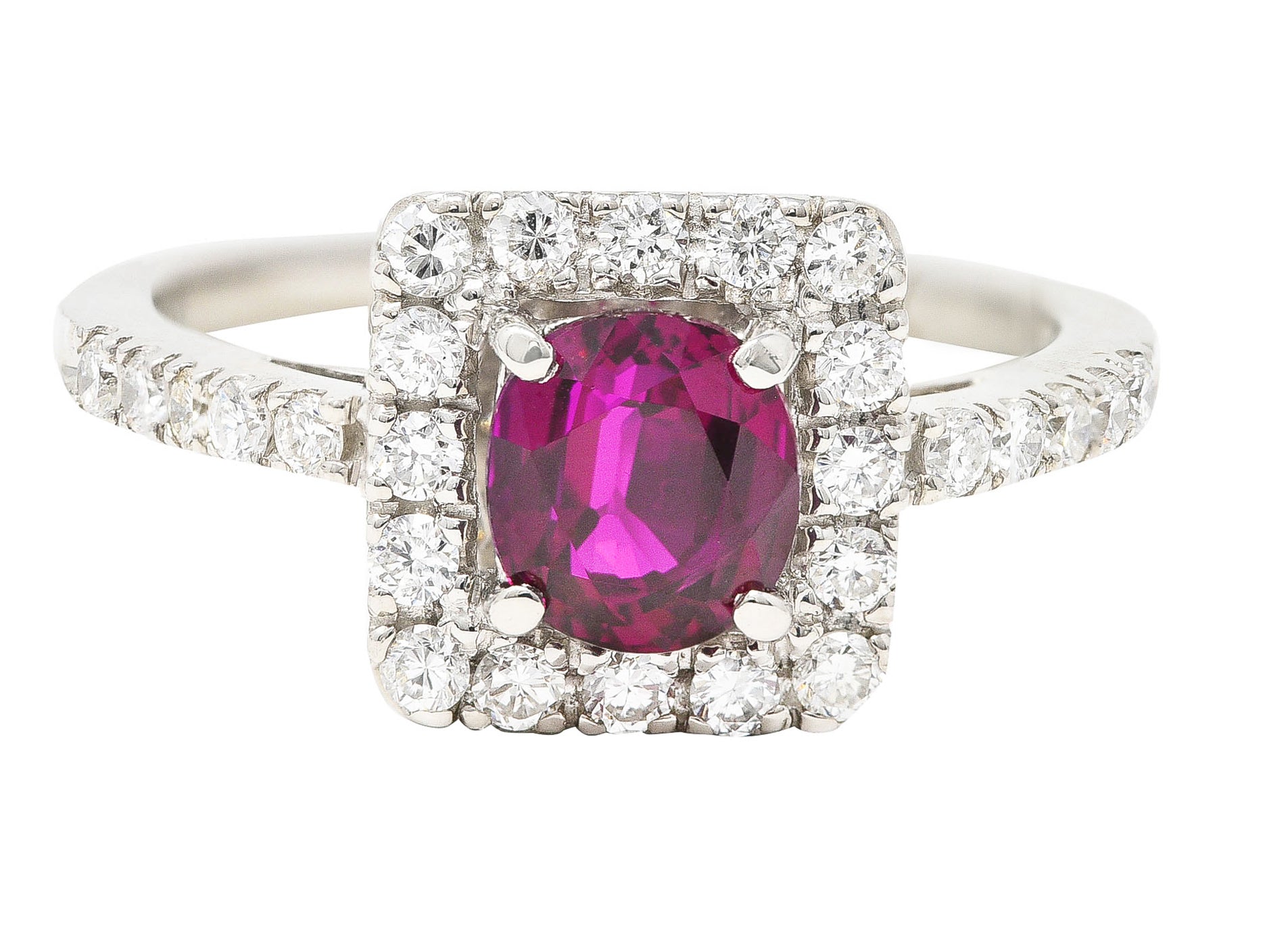 Contemporary 1.47 CTW Cushion Cut Ruby Diamond Platinum Square Halo Ring Wilson's Estate Jewelry