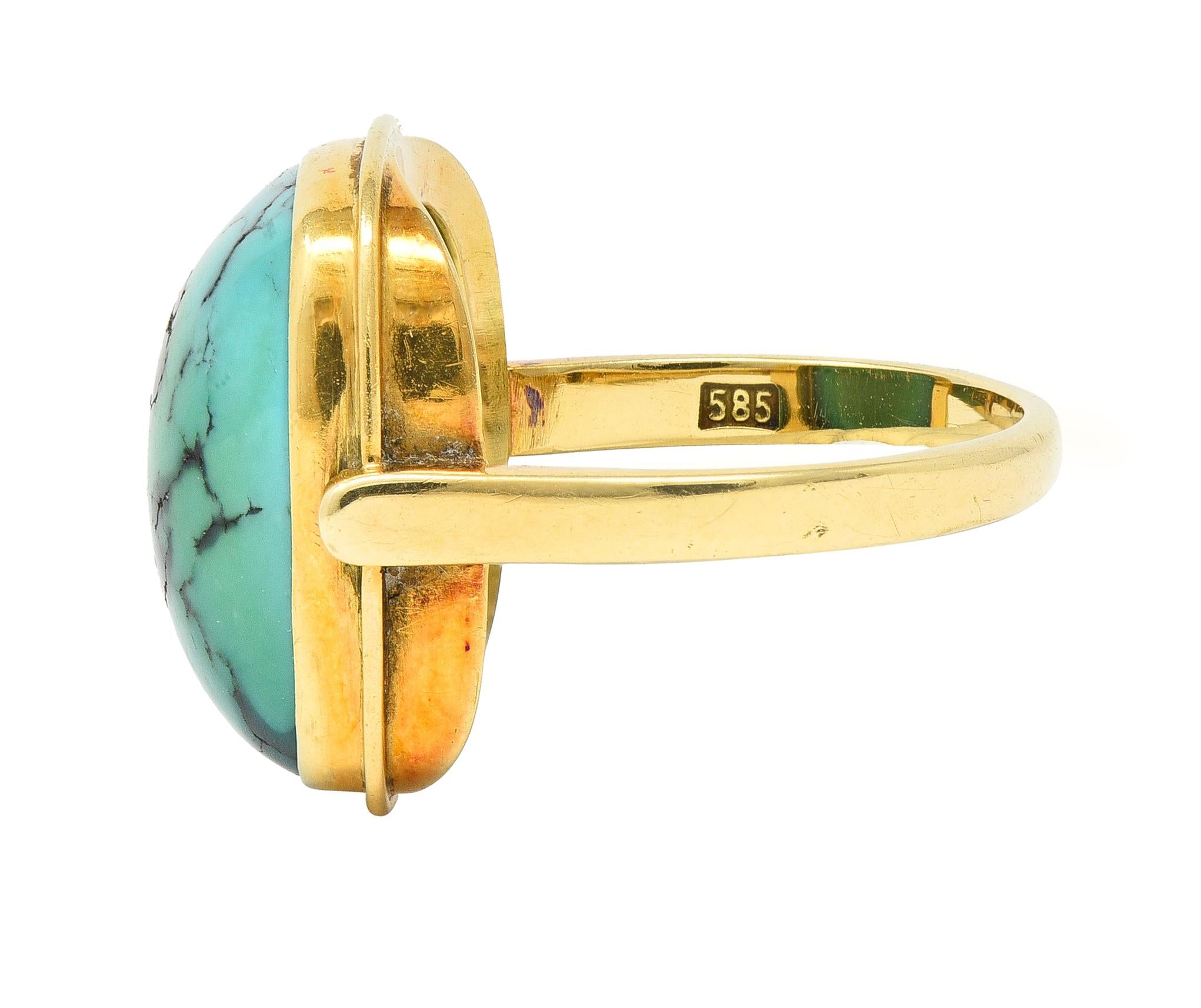 Modernist Turquoise Cabochon 14 Karat Yellow Gold Vintage Signet Ring