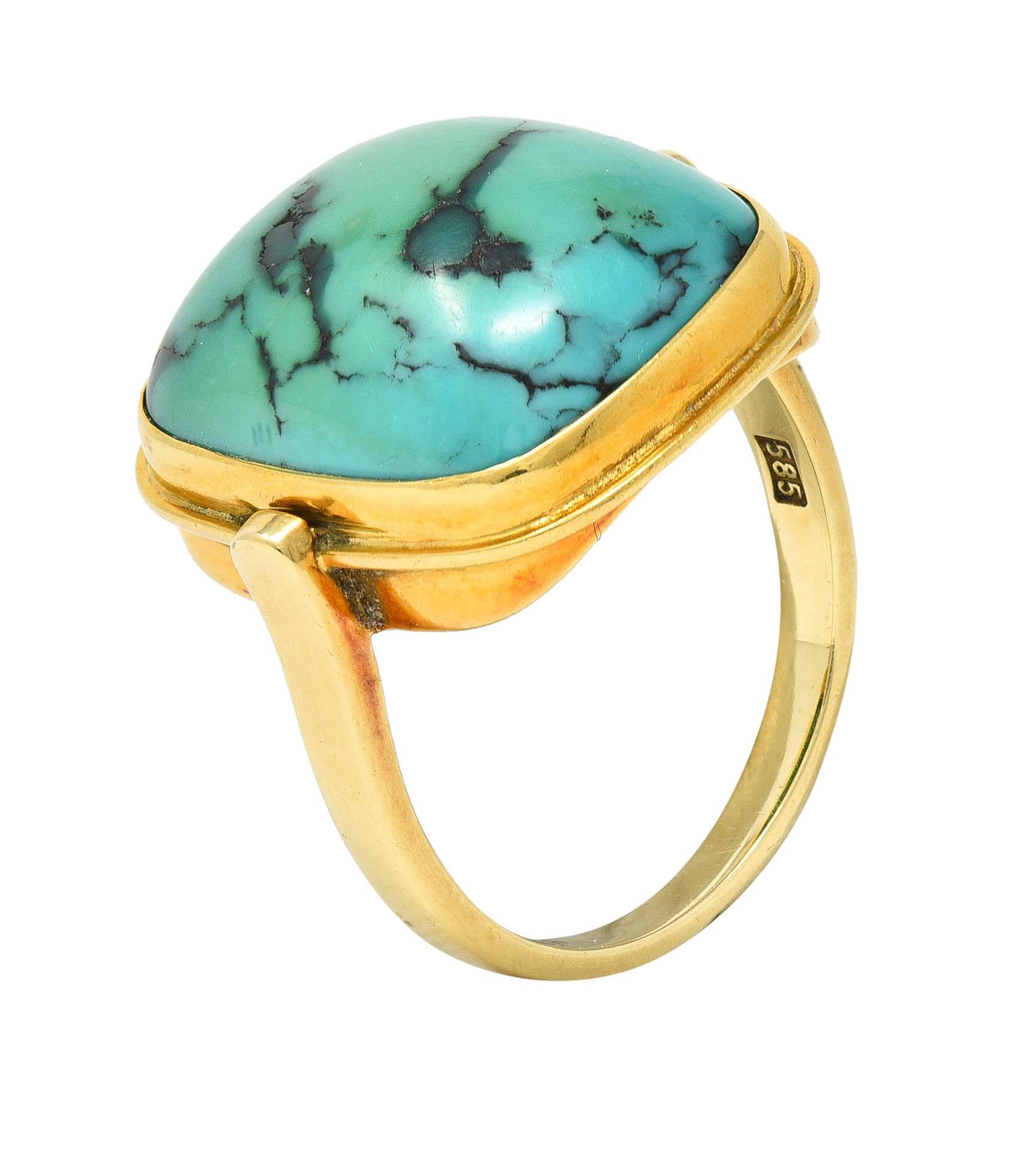 Modernist Turquoise Cabochon 14 Karat Yellow Gold Vintage Signet Ring