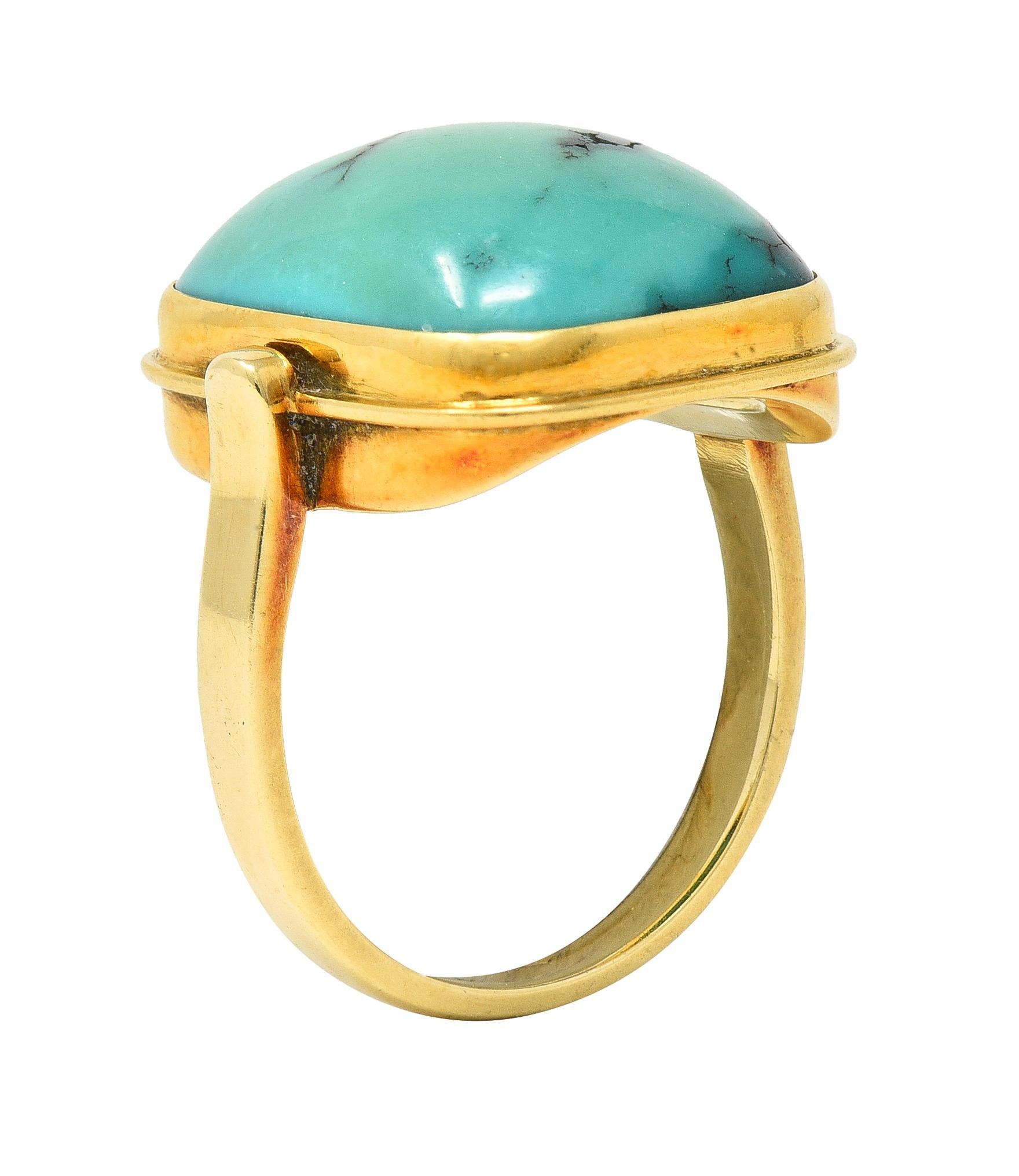 Modernist Turquoise Cabochon 14 Karat Yellow Gold Vintage Signet Ring