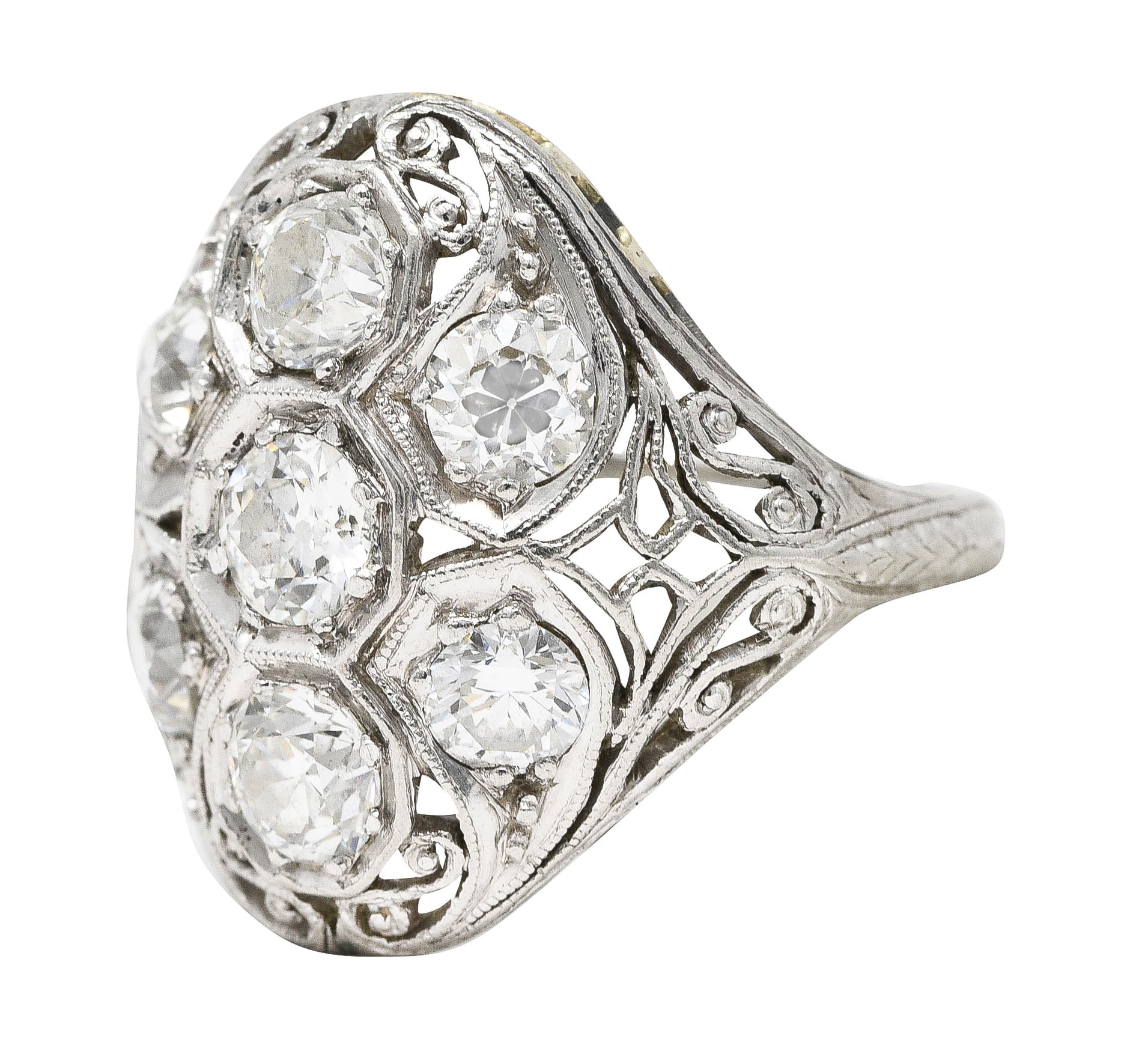 Edwardian 1.93 CTW Old European Cut Diamond Platinum Scrolling  Antique Clustered Dinner Ring Wilson's Estate Jewelry