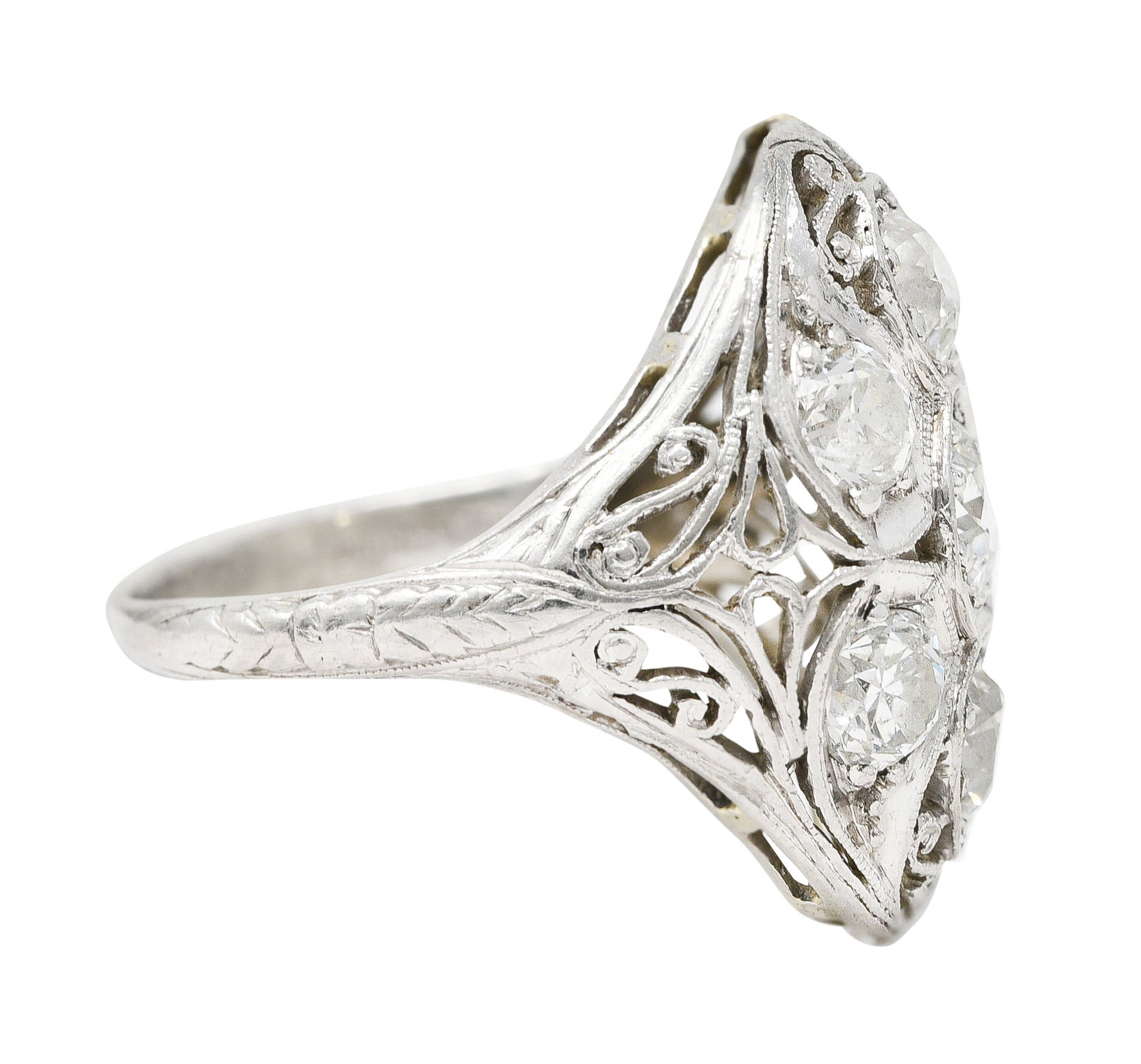 Edwardian 1.93 CTW Old European Cut Diamond Platinum Scrolling  Antique Clustered Dinner Ring Wilson's Estate Jewelry