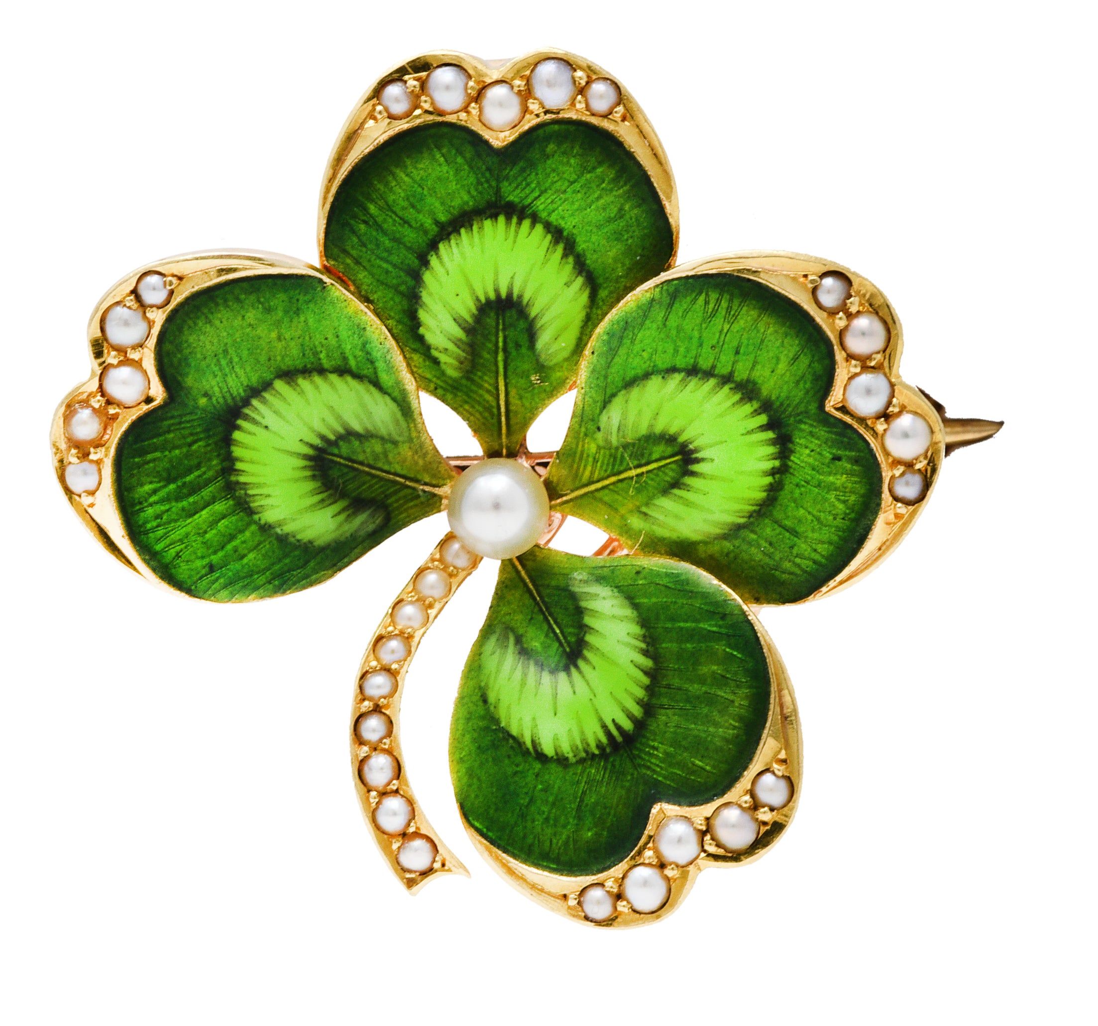 Krementz Art Nouveau Pearl Guilloche Enamel 14 Karat Yellow Gold Antique Clover Pendant Brooch Wilson's Estate Jewelry