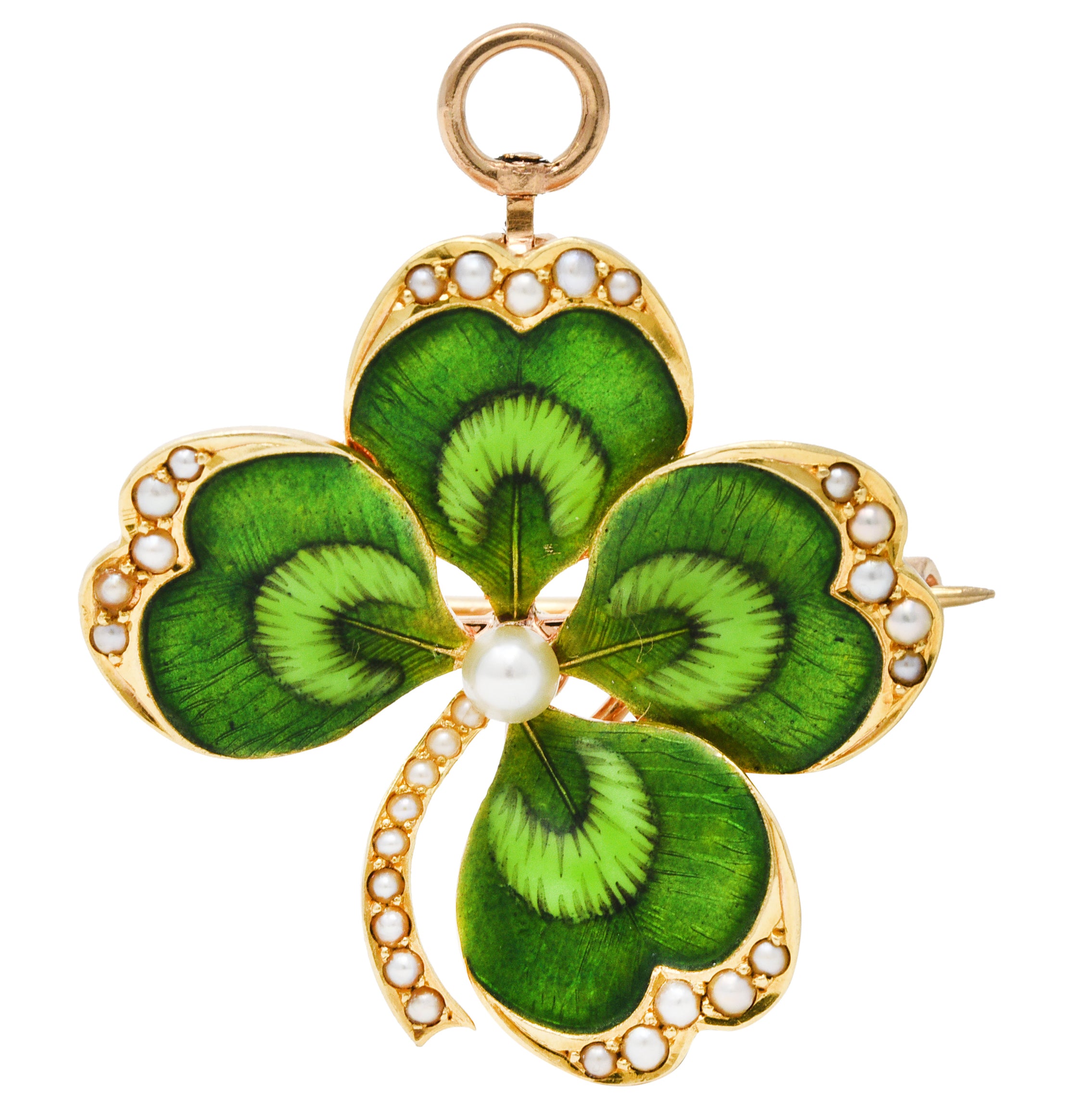 Krementz Art Nouveau Pearl Guilloche Enamel 14 Karat Yellow Gold Antique Clover Pendant Brooch Wilson's Estate Jewelry