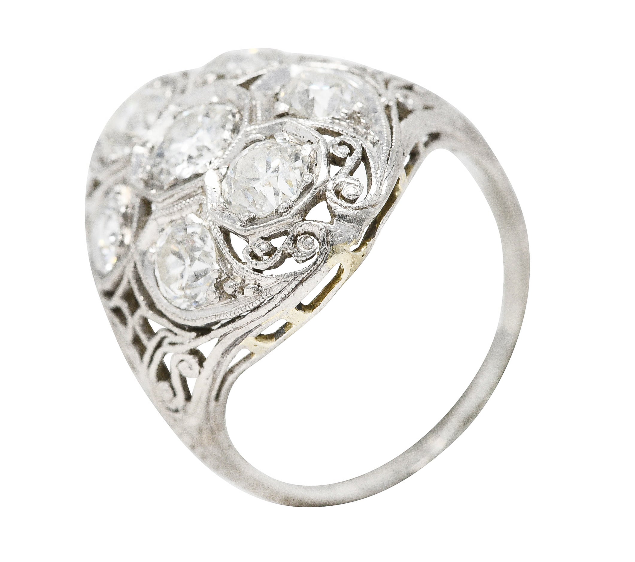 Edwardian 1.93 CTW Old European Cut Diamond Platinum Scrolling  Antique Clustered Dinner Ring Wilson's Estate Jewelry