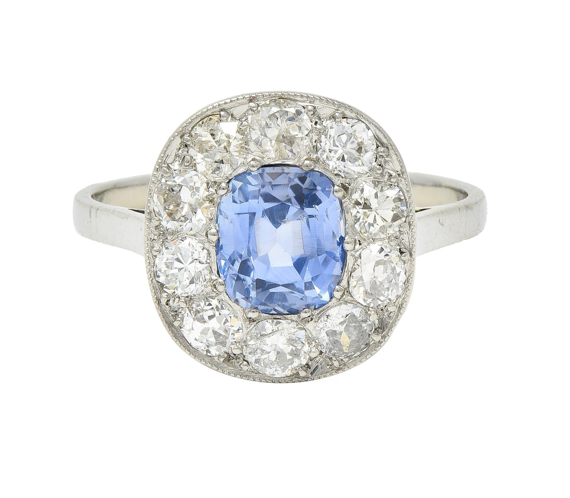 Art Deco French 2.18 CTW No Heat Sapphire Diamond Platinum Halo Ring GIA