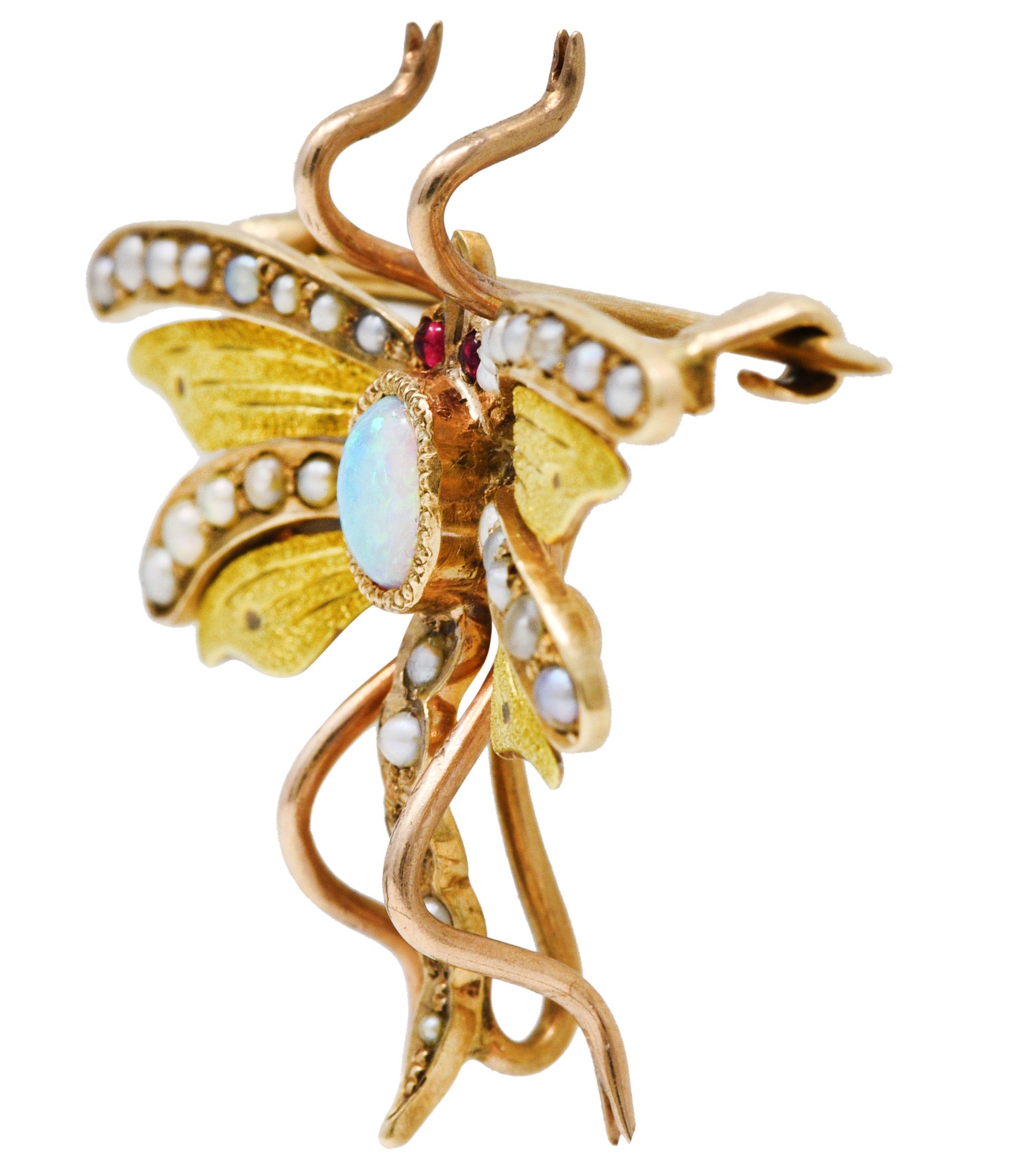 Art Nouveau Opal Pearl 14 Karat Two-Tone Gold Antique Insect Pendant Brooch Wilson's Estate Jewelry