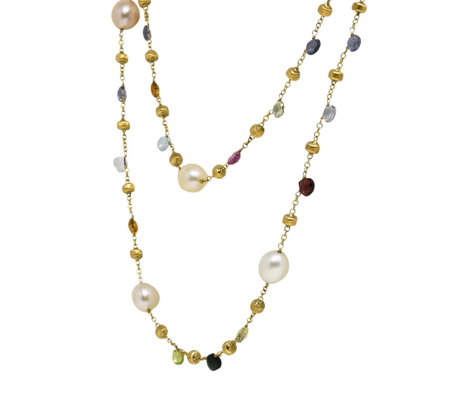 Marco Bicego Contemporary Cultured Pearl Citrine Topaz Multi Gemstone 18 Karat Yellow Gold 46 IN Long Gemstone Confetti Necklace Wilson's Estate Jewelry