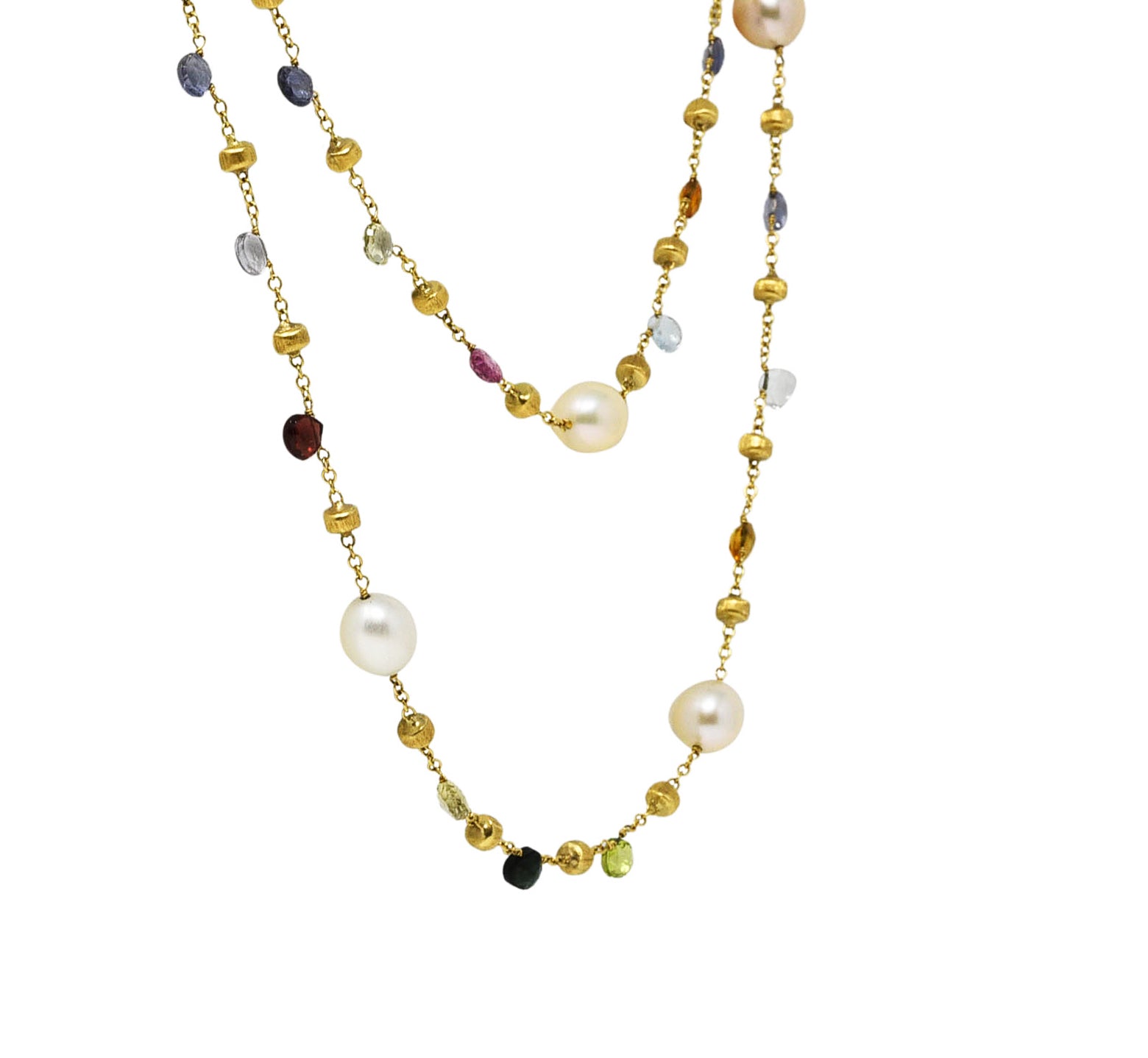 Marco Bicego Contemporary Cultured Pearl Citrine Topaz Multi Gemstone 18 Karat Yellow Gold 46 IN Long Gemstone Confetti Necklace Wilson's Estate Jewelry