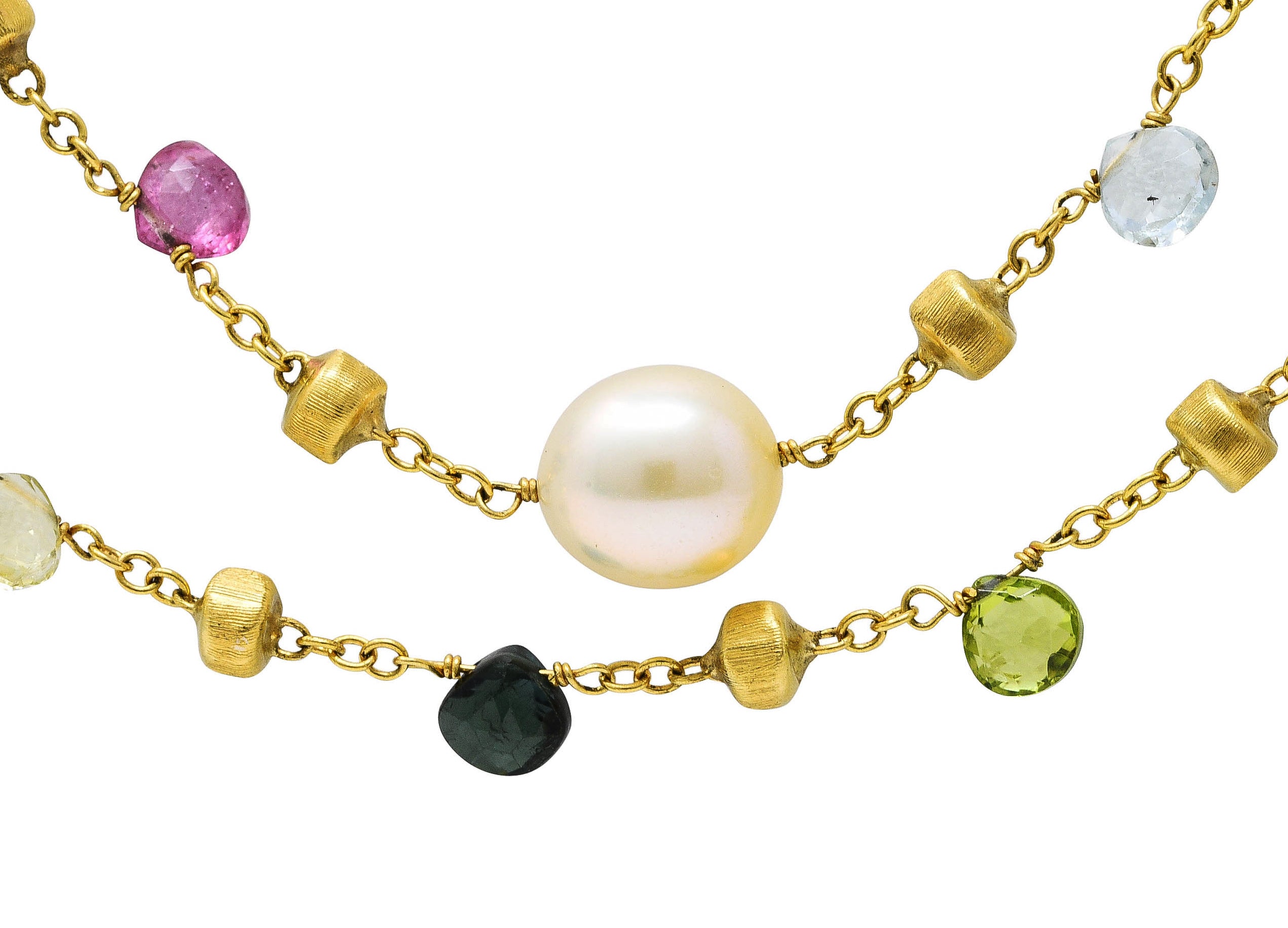 Marco Bicego Contemporary Cultured Pearl Citrine Topaz Multi Gemstone 18 Karat Yellow Gold 46 IN Long Gemstone Confetti Necklace Wilson's Estate Jewelry