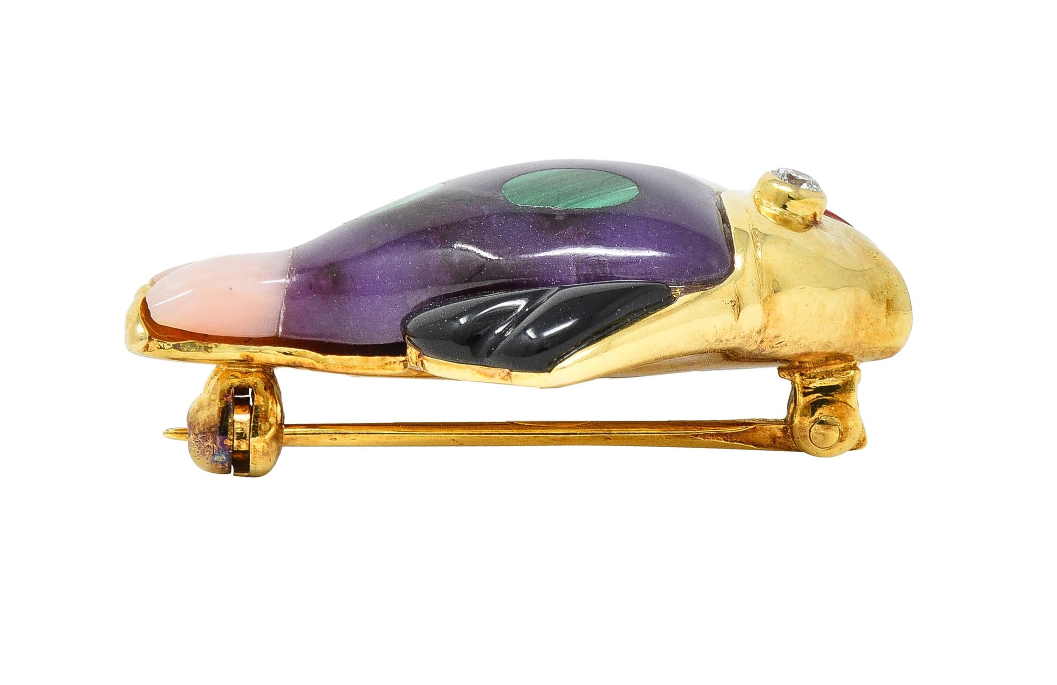 Asch Grossbardt Diamond Amethyst Mother-Of-Pearl 14 Karat Gold Inlay Fish Brooch