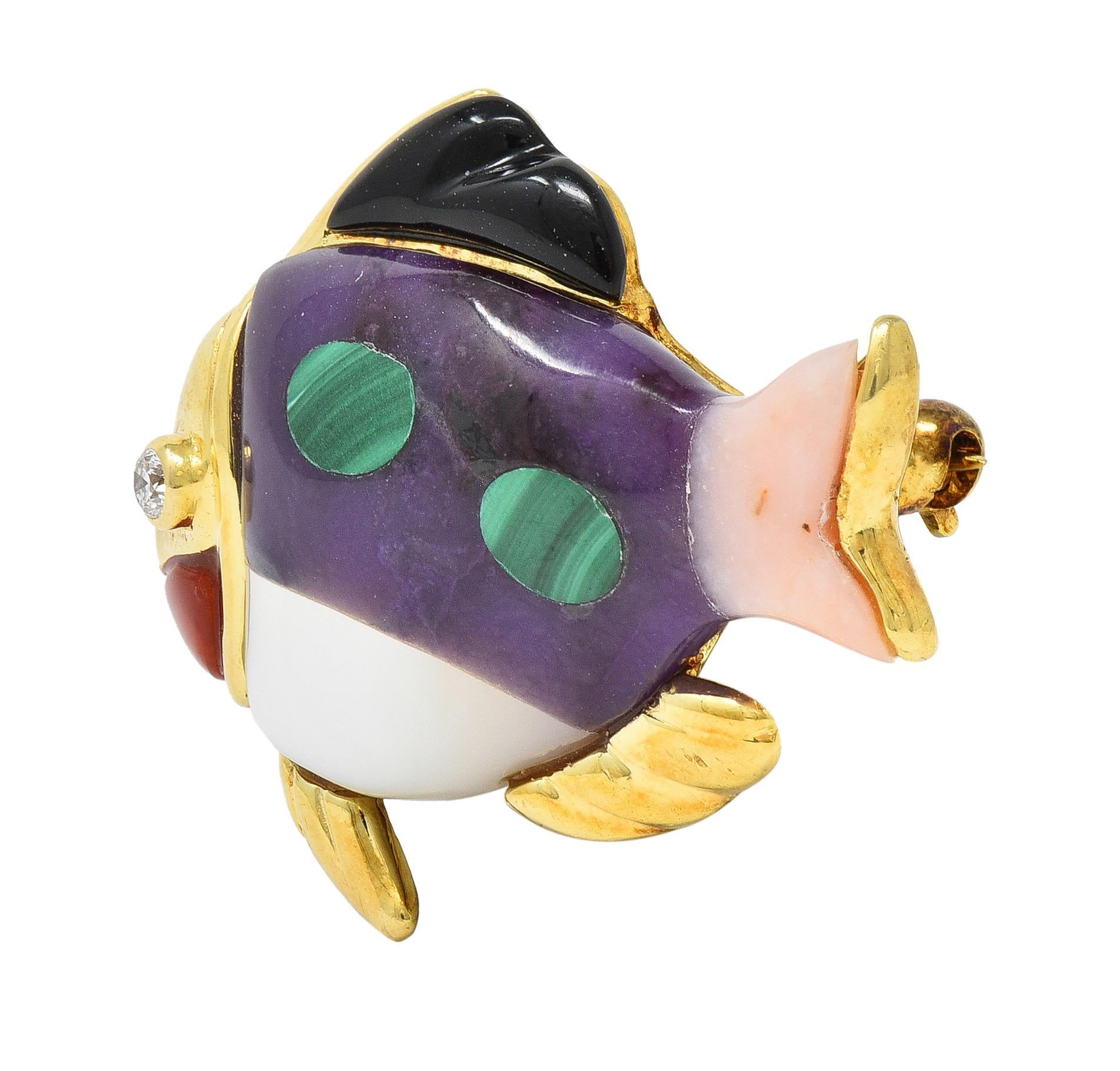 Asch Grossbardt Diamond Amethyst Mother-Of-Pearl 14 Karat Gold Inlay Fish Brooch