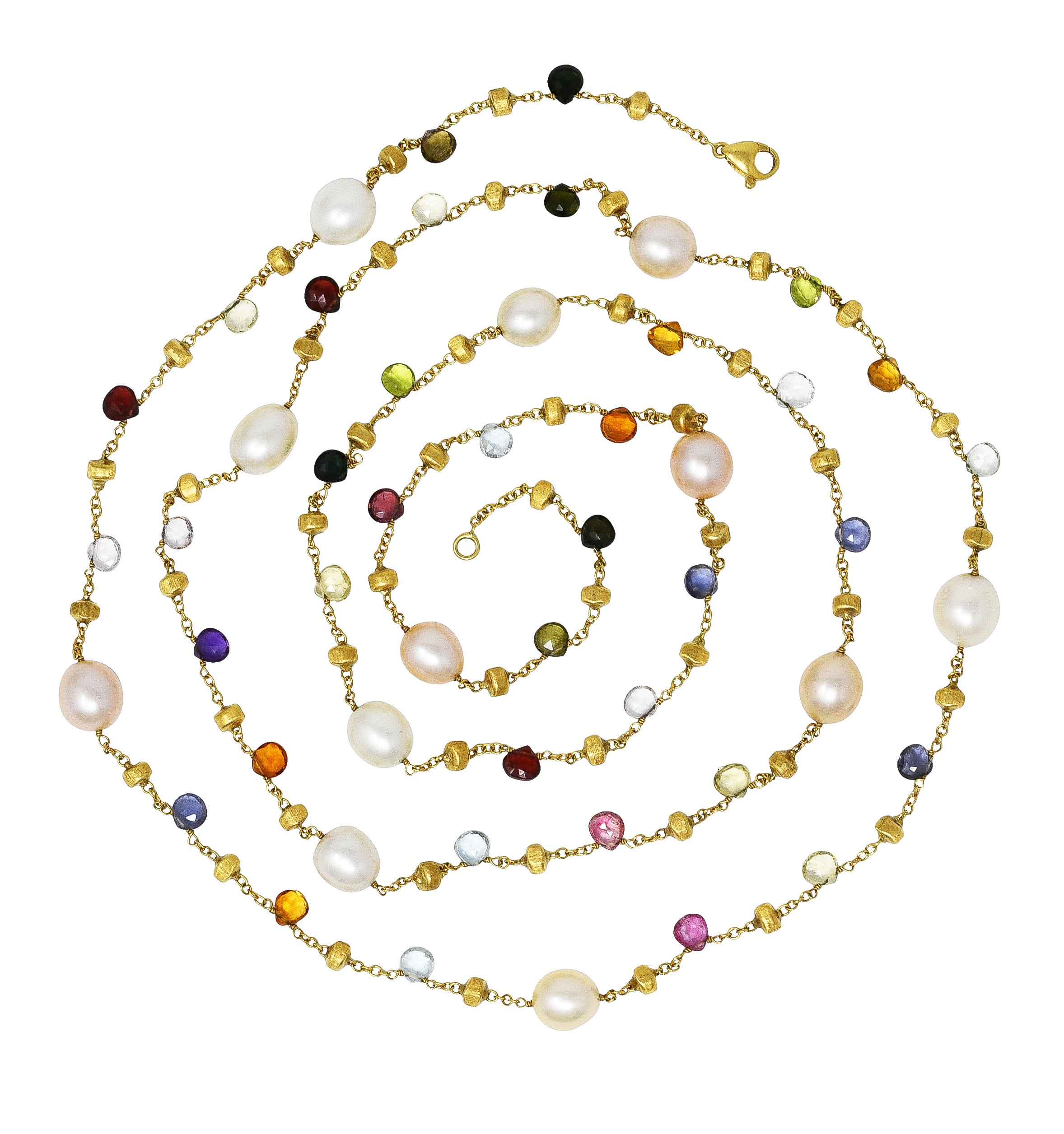 Marco Bicego Contemporary Cultured Pearl Citrine Topaz Multi Gemstone 18 Karat Yellow Gold 46 IN Long Gemstone Confetti Necklace Wilson's Estate Jewelry