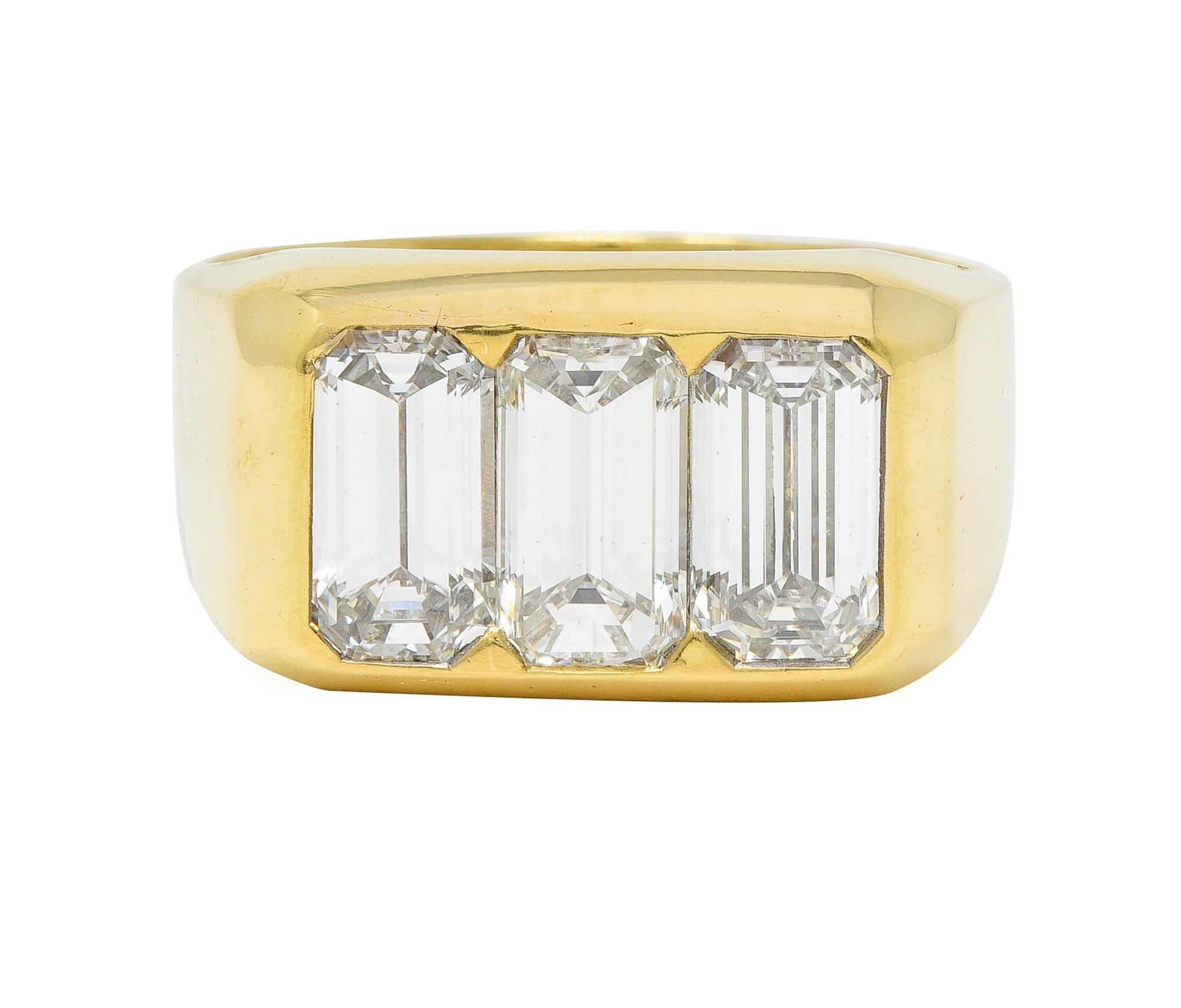 3.48 CTW Flush Emerald Cut Diamond 18 Karat Yellow Gold Vintage Three Stone Ring