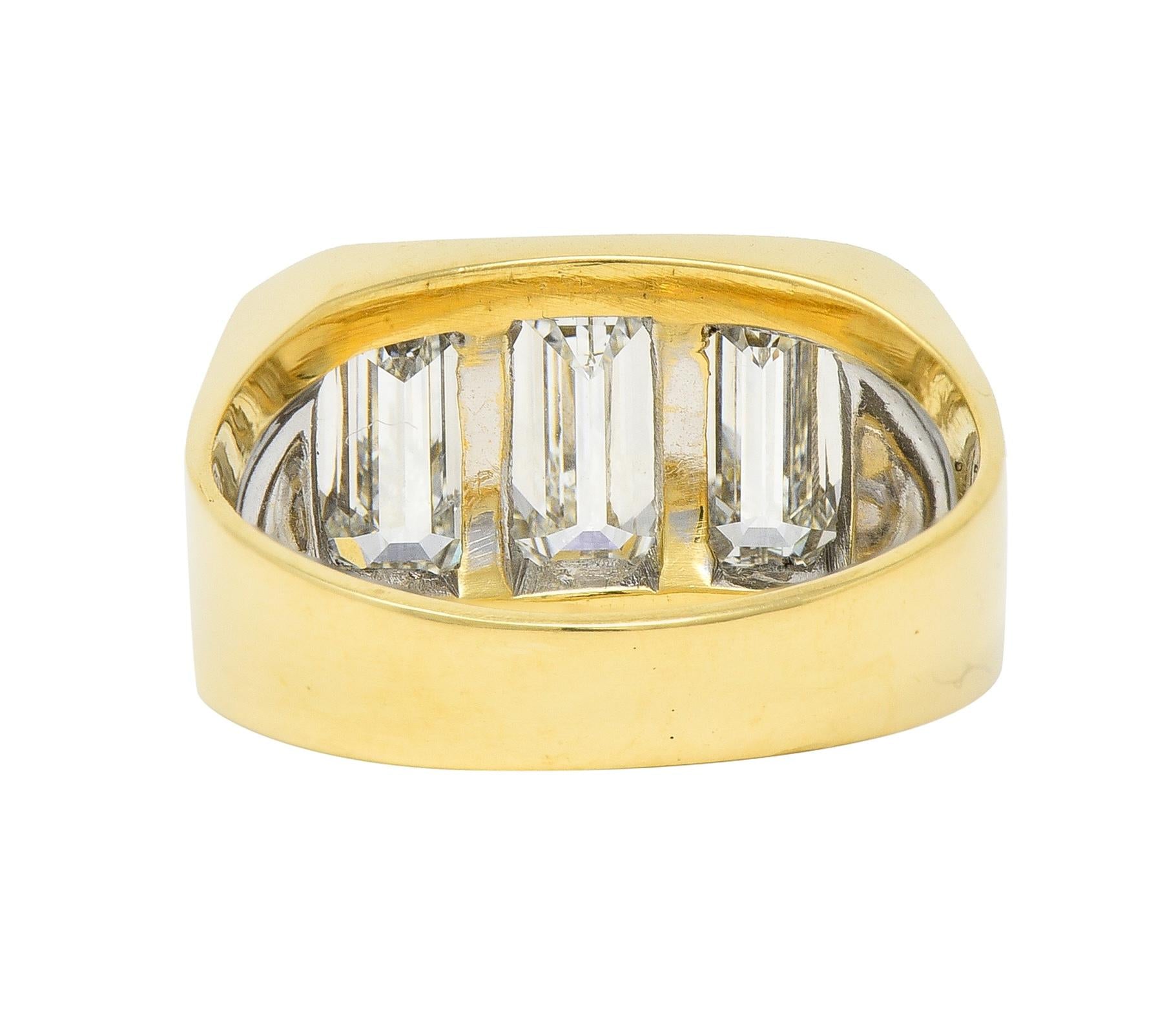 3.48 CTW Flush Emerald Cut Diamond 18 Karat Yellow Gold Vintage Three Stone Ring