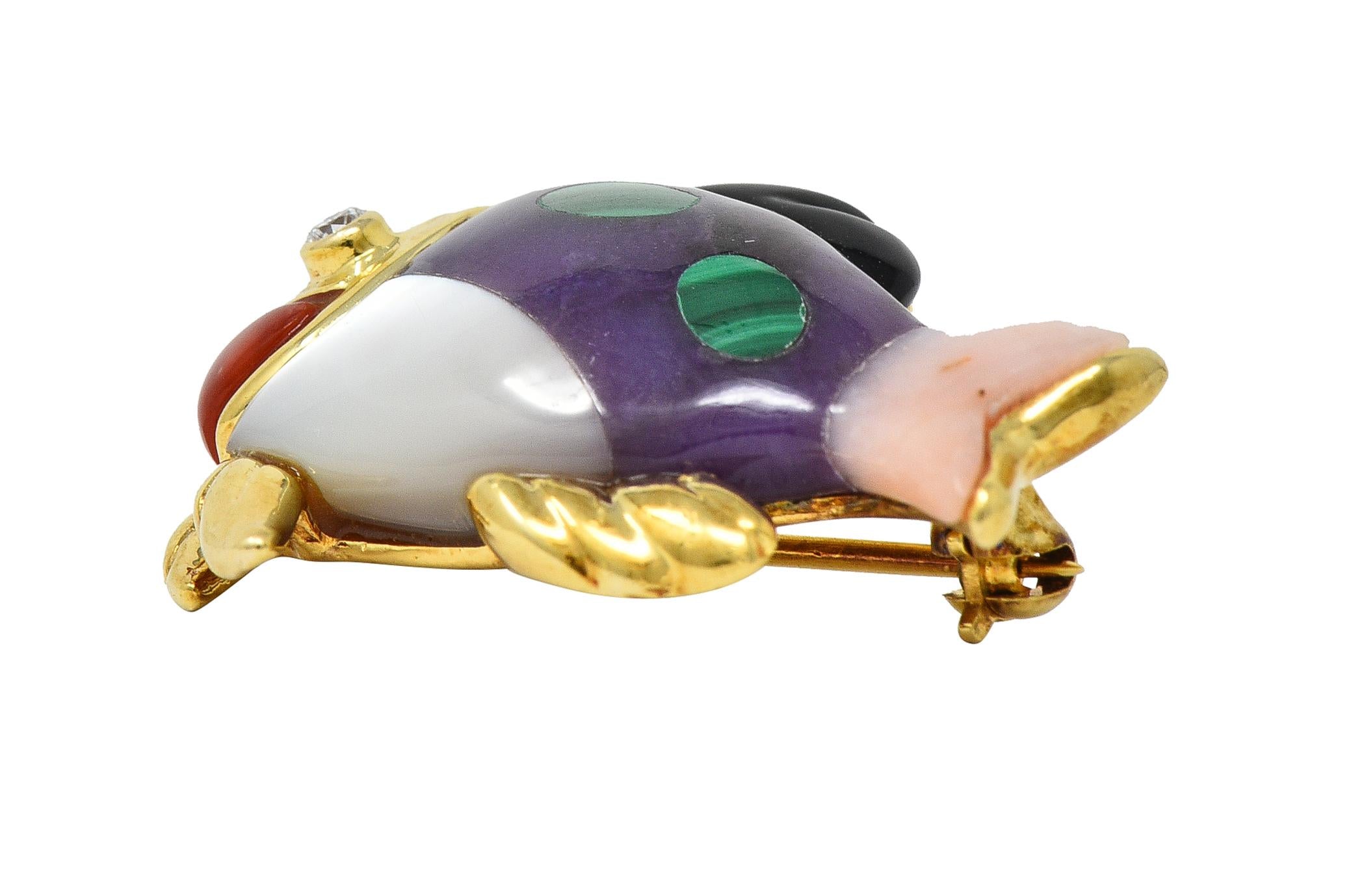 Asch Grossbardt Diamond Amethyst Mother-Of-Pearl 14 Karat Gold Inlay Fish Brooch