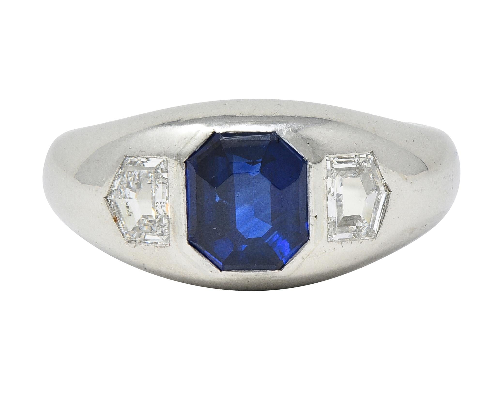 Mid-Century 3.07 CTW No Heat Sapphire Diamond Platinum Three Stone Ring GIA