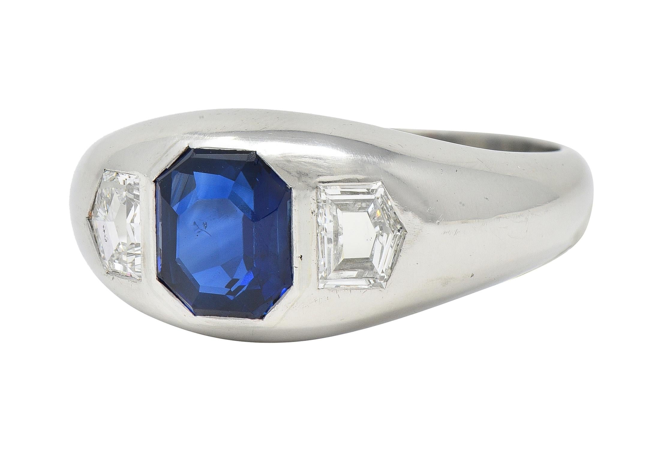 Mid-Century 3.07 CTW No Heat Sapphire Diamond Platinum Three Stone Ring GIA