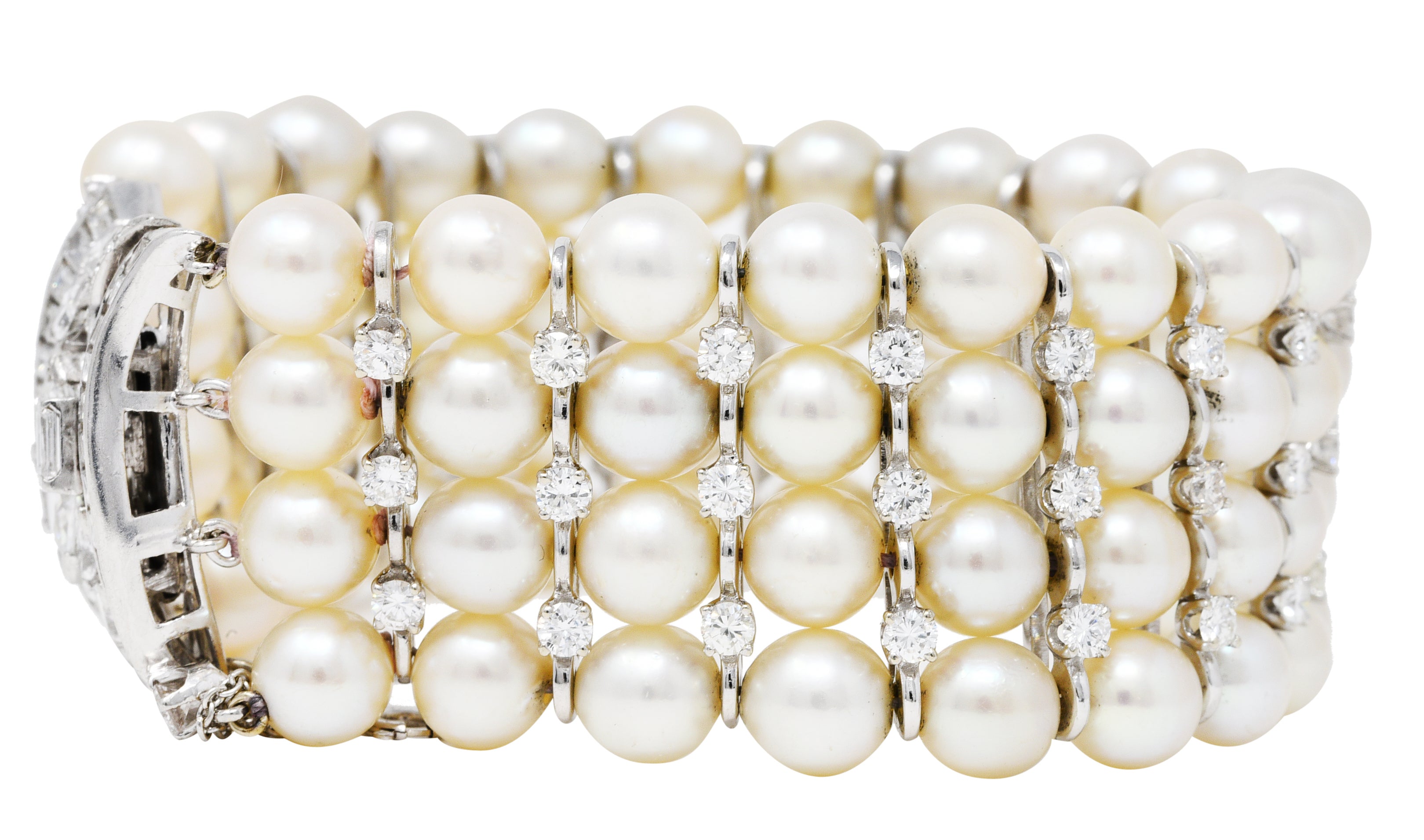 1950's Mid-Century 8.00 CTW Diamond Cultured Pearl Platinum Vintage Multi-Strand Statement Bracelet Wilson's Estate Jewelry