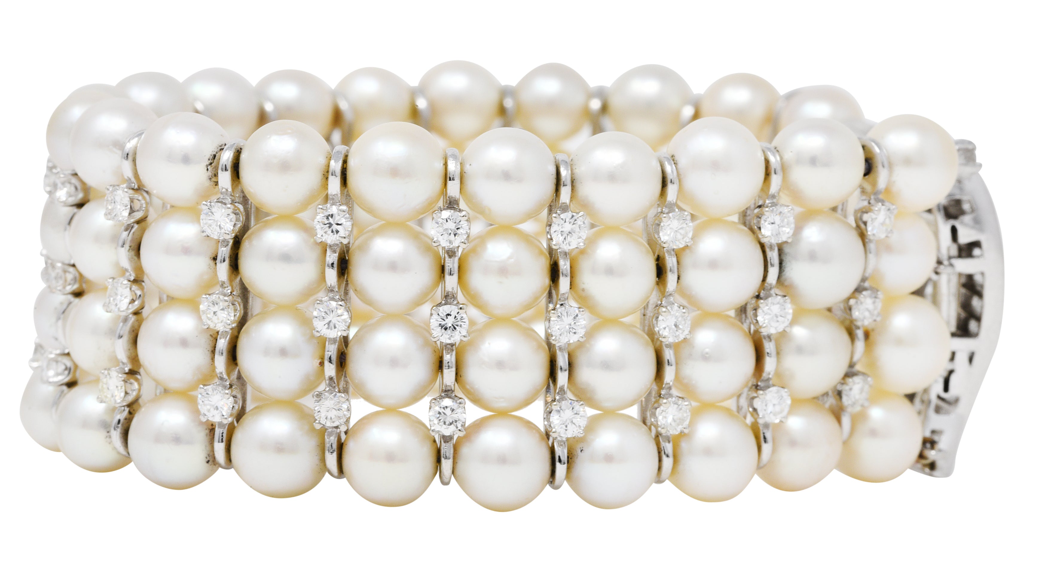 1950's Mid-Century 8.00 CTW Diamond Cultured Pearl Platinum Vintage Multi-Strand Statement Bracelet Wilson's Estate Jewelry