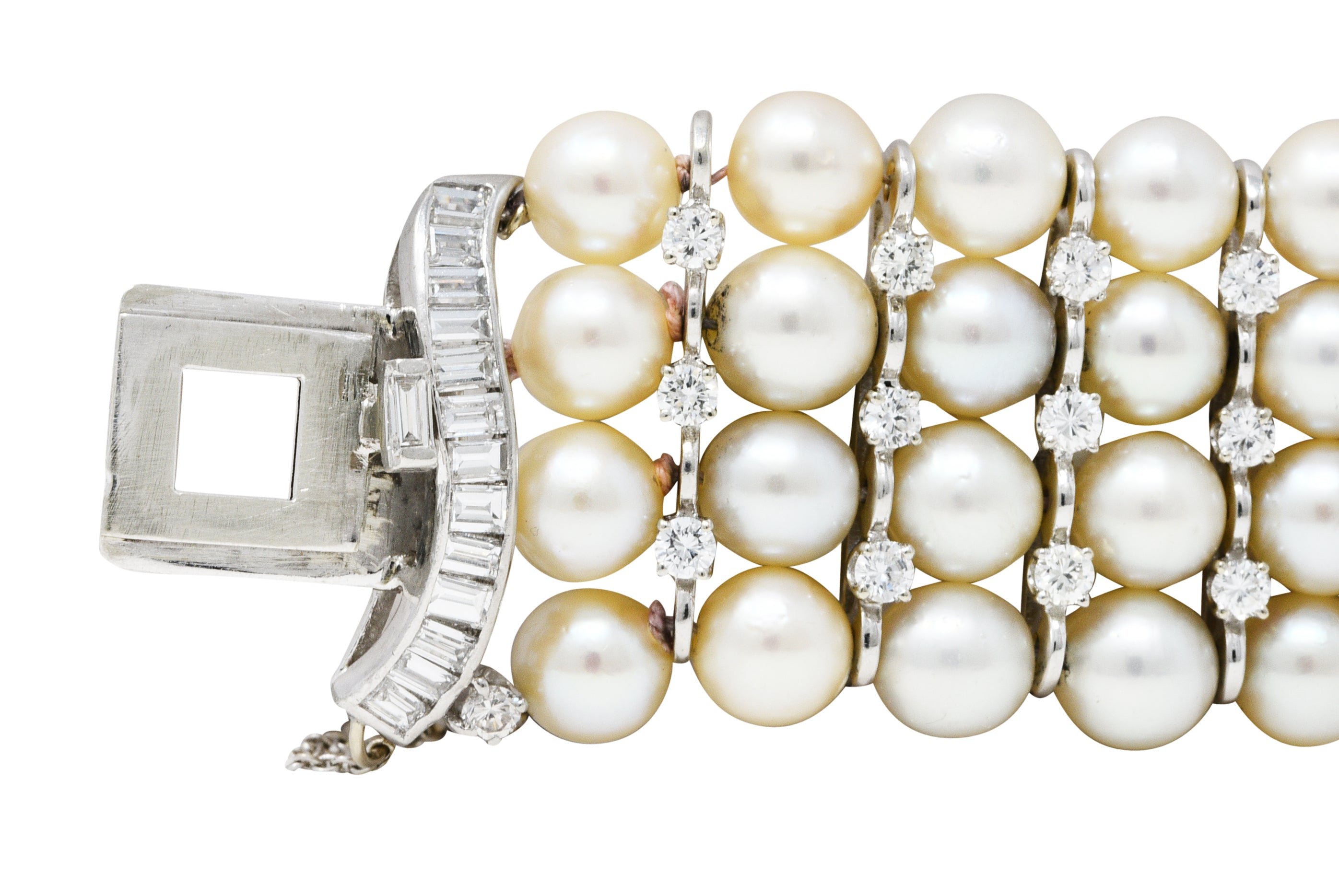 1950's Mid-Century 8.00 CTW Diamond Cultured Pearl Platinum Vintage Multi-Strand Statement Bracelet Wilson's Estate Jewelry