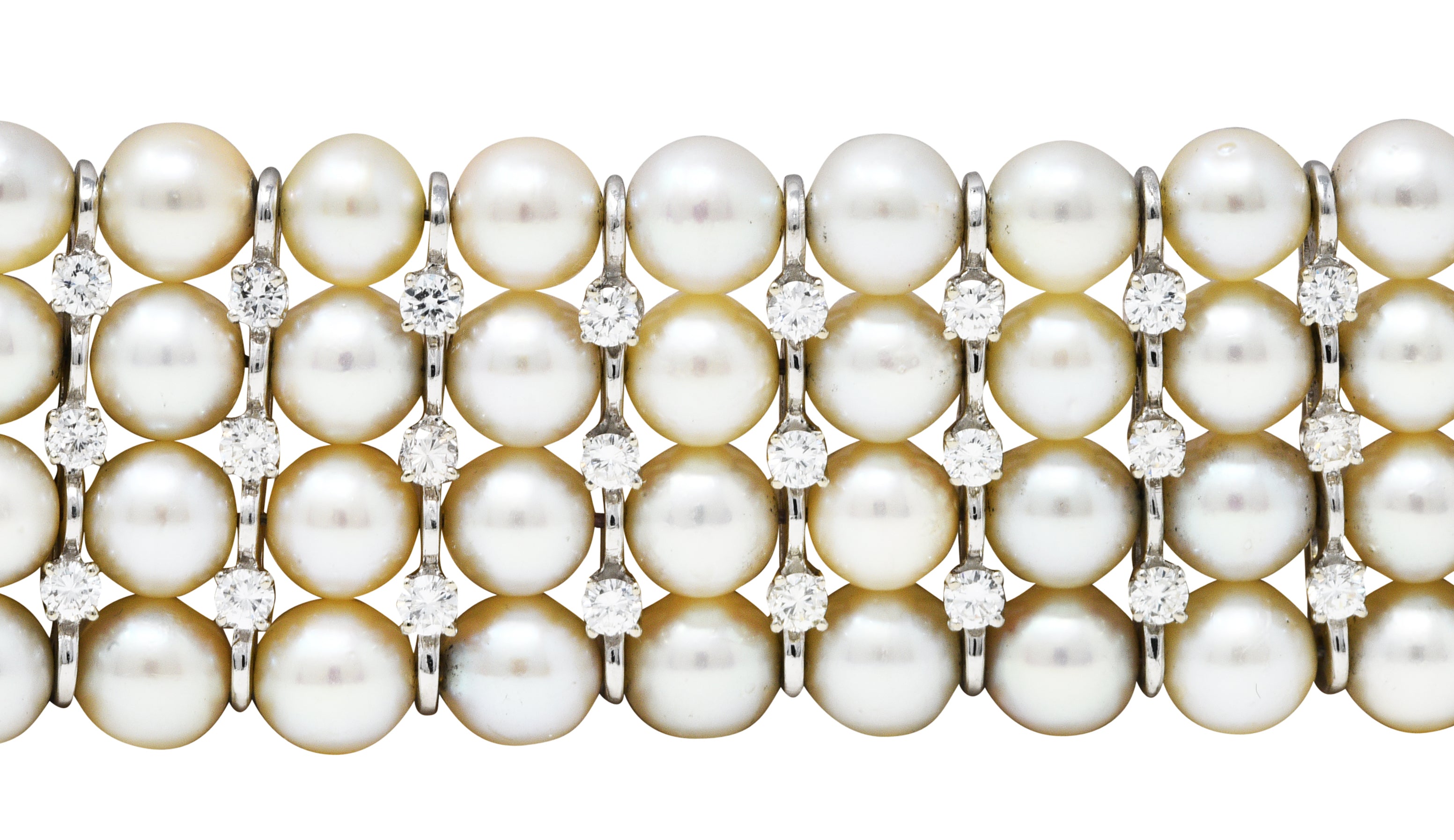 1950's Mid-Century 8.00 CTW Diamond Cultured Pearl Platinum Vintage Multi-Strand Statement Bracelet Wilson's Estate Jewelry